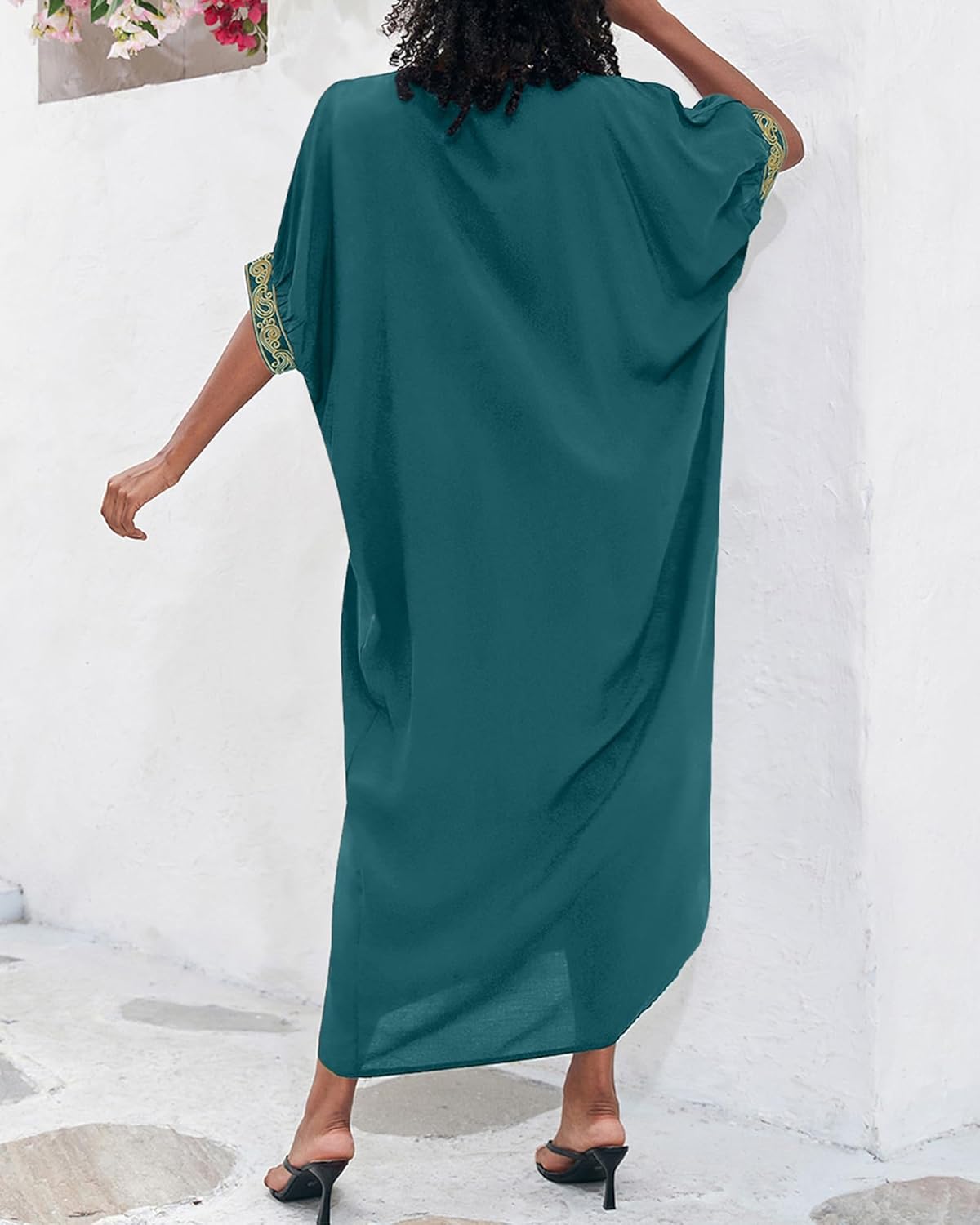 Bsubseach Gold Embroidery Long Kaftan Dresses V Neck Caftan Dress Beach Cover Ups for Women Embroidery