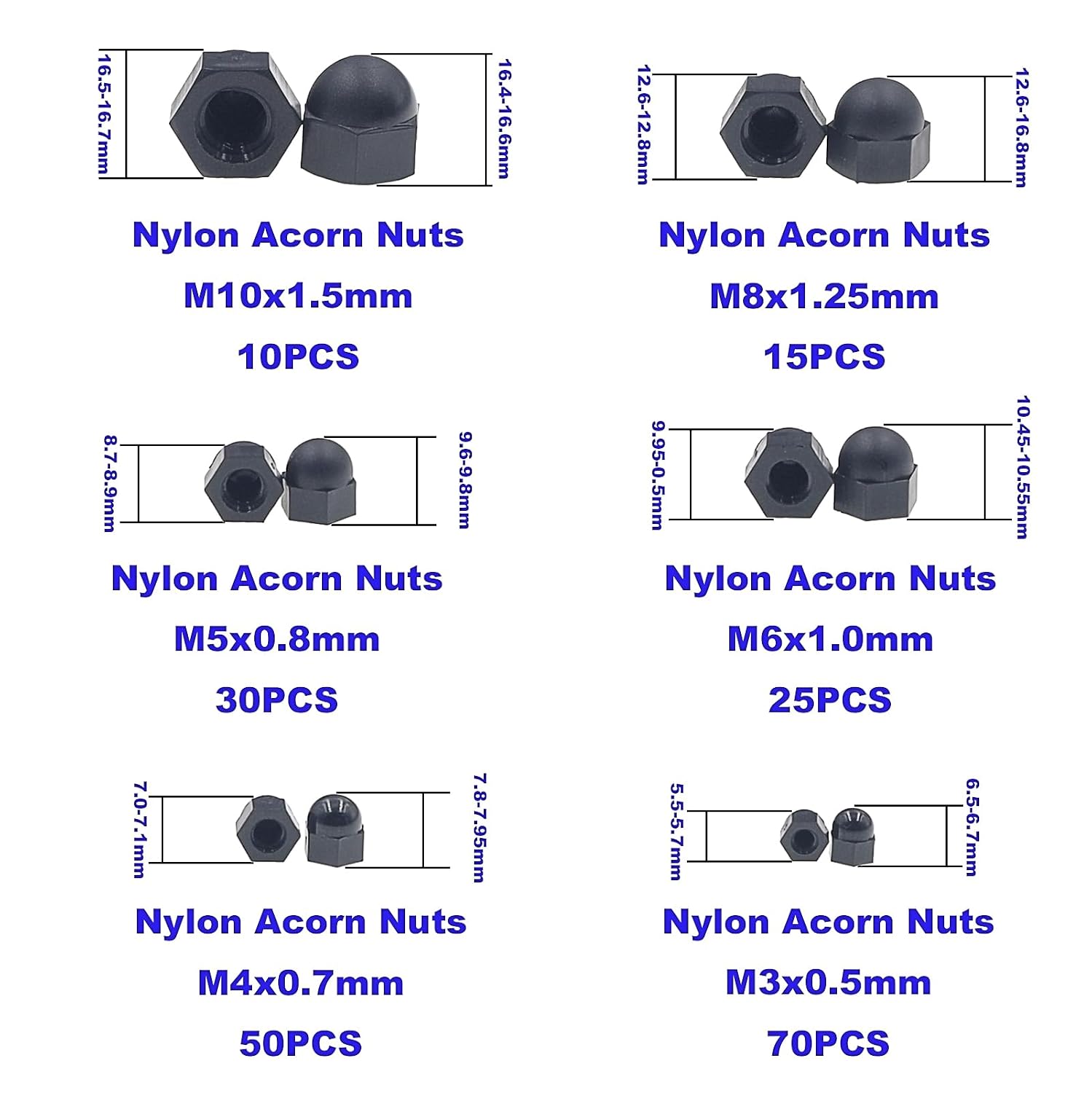 6 Sizes Metric M3 M4 M5 M6 M8 M10 Black Nylon Acorn Hex Cap Nuts Assortment Kit
