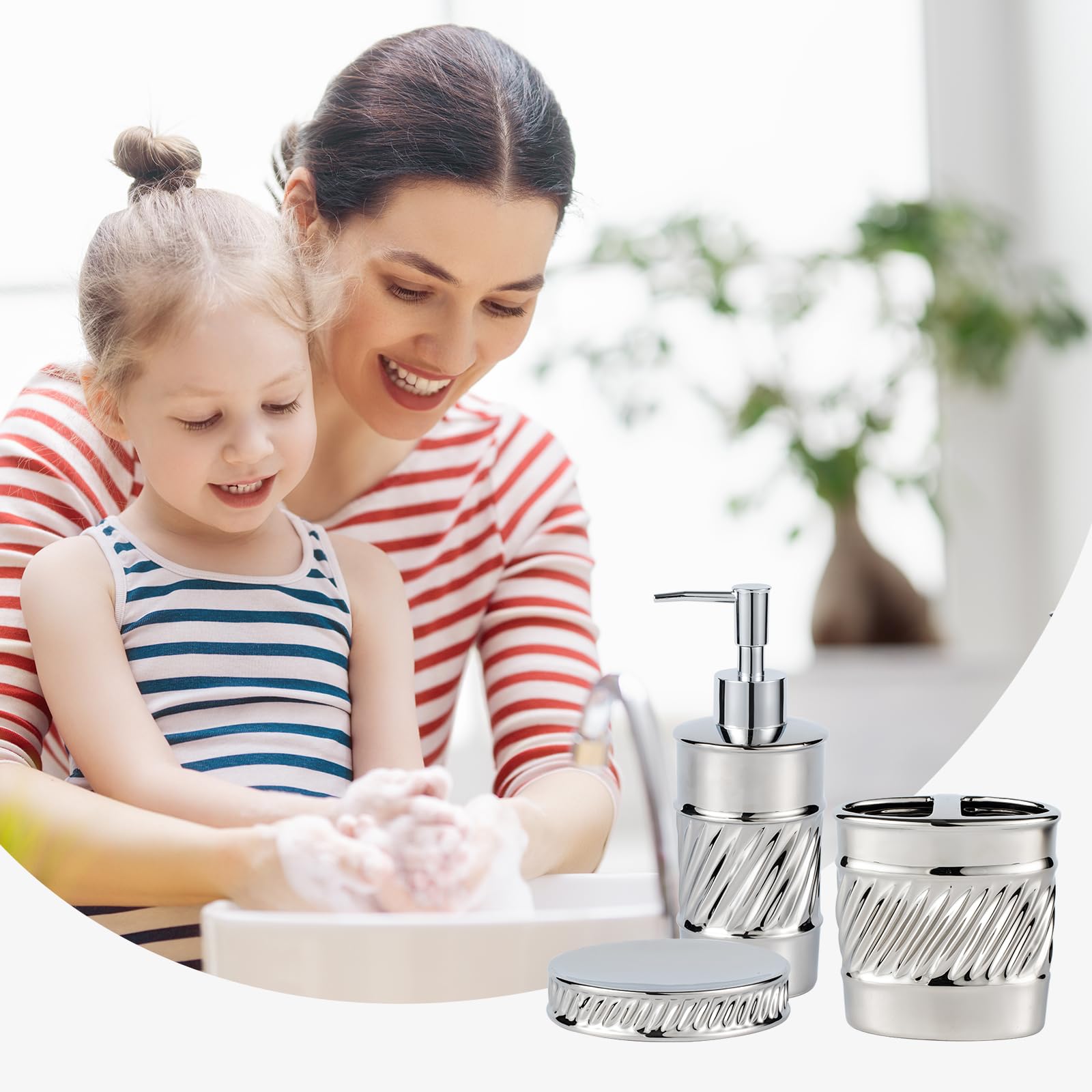 Juego de accesorios de baño de cerámica de 3 piezas, dispensador de jabón, soporte para cepillo de dientes y jabonera con diseño moderno en relieve de ondas para juego de accesorios de baño (plateado)