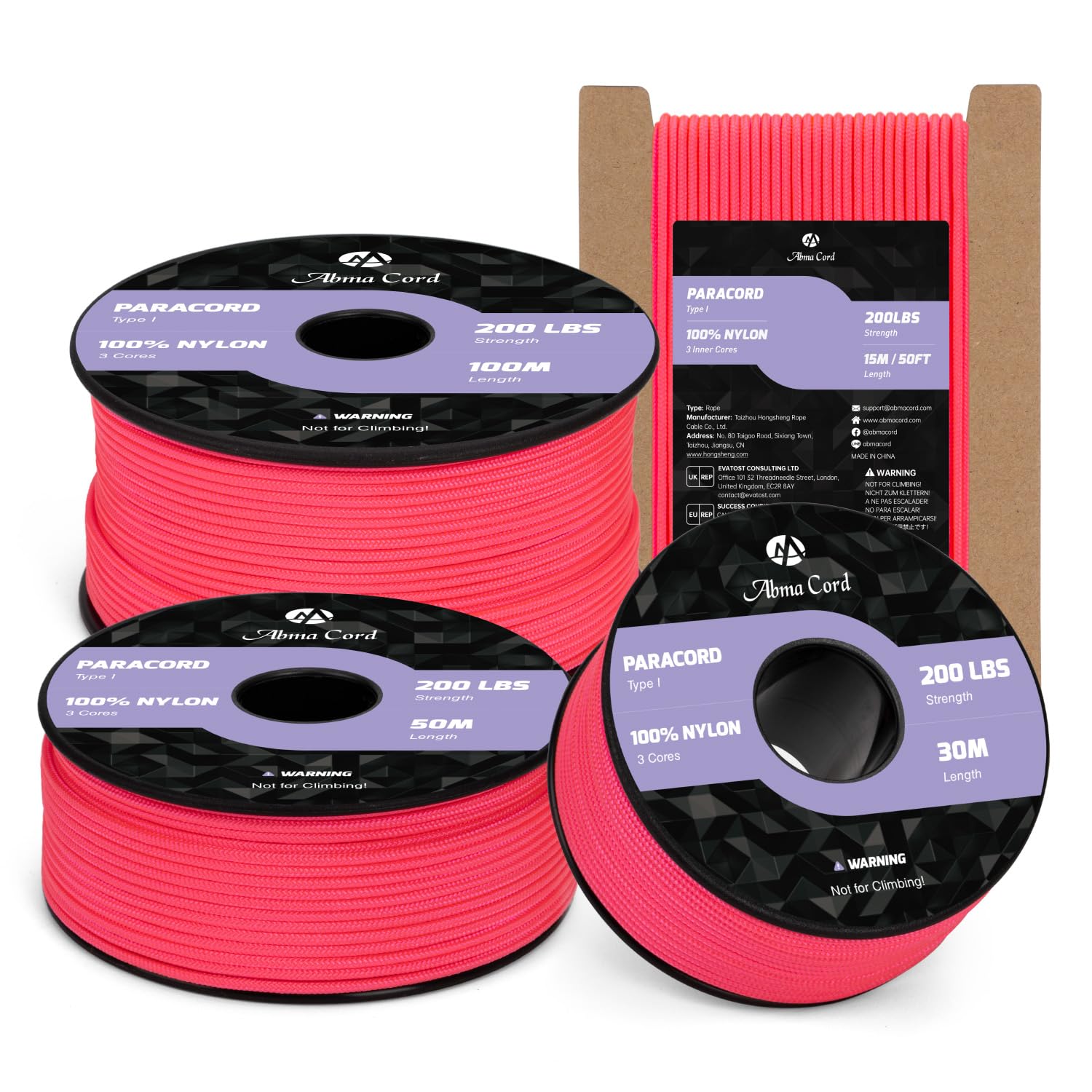 Abma Cord 2mm Paracord 100m Nylon Rope 3 Strands Type I Cord for DIY, Camping, Outdoor - Max. 90kg (200lbs) - Neon Pink