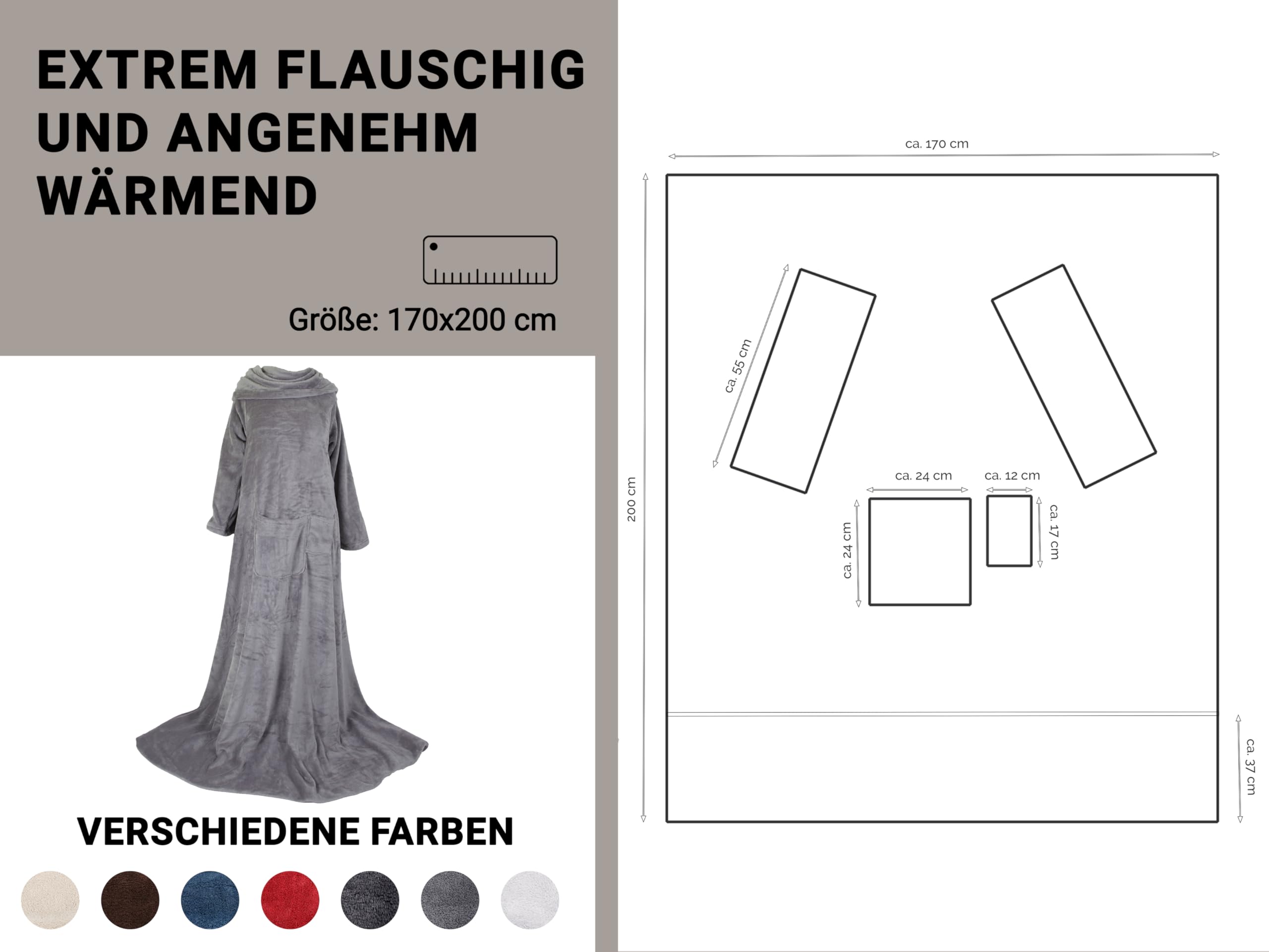 ZOLLNER Kuscheldecke mit Ärmeln - super kuschelige und warme Sofadecke - Taupe - in 170x200 cm - mit Taschen - waschbar bis 95°C - Hotelqualität - Oeko Tex® Zertifiziert