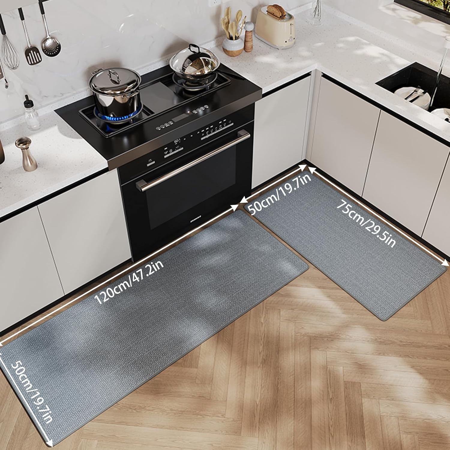 Kitchen Mats for Floor 2 Piece (Grey Rug, 29.5“×19.7“+47.2“×19.7“), Kitchen Rugs Non Slip Washable Long Hallway Runner Corner L Shaped Rug Set, Non Slip Runner Rug Door Mat Bathroom Laundry Room