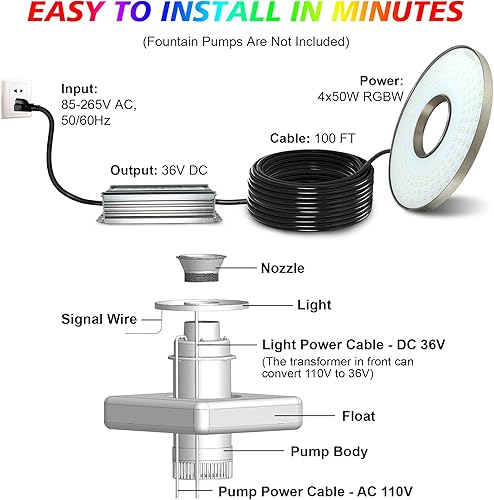 Miniatura 7 de Goldlife Luces aireadoras de fuente de estanque, 200 W RGBW 20000LM 160LED fuente luz con cable de alimentación de 100 pies, IP68 impermeable de
