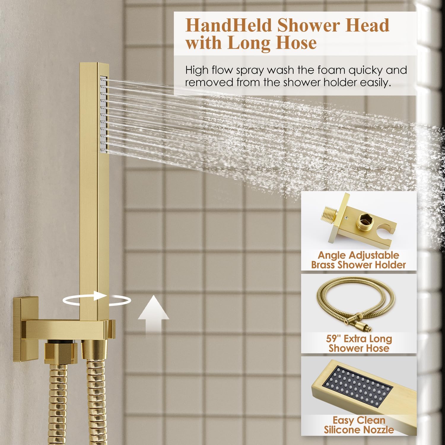Shower System, Gold Shower Faucet Set with Shower Valve and Trim Kit, 12 Inch Rain Shower Head with Handheld Spray, Brushed Gold Shower Head and Handle Set, High Pressure Shower Head System - Image 5