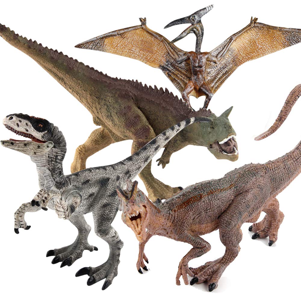 Fantarea4 PCS Realistic Dinosaur Model Figures Carnotaurus Dilophosaurus Velociraptor Flying Pterodactyl Pteranodon Cake Topper Desktop Decoration Toys for Toddlers Boys Girls