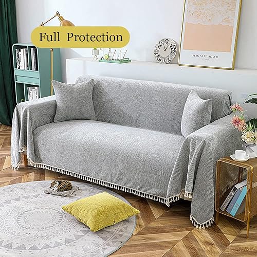 Miniatura 2 de DREAMINGO Fundas universales para sofá de felpilla gruesa, fundas protectoras para sofá de 3 plazas, funda de sofá estilo coreano con borlas a