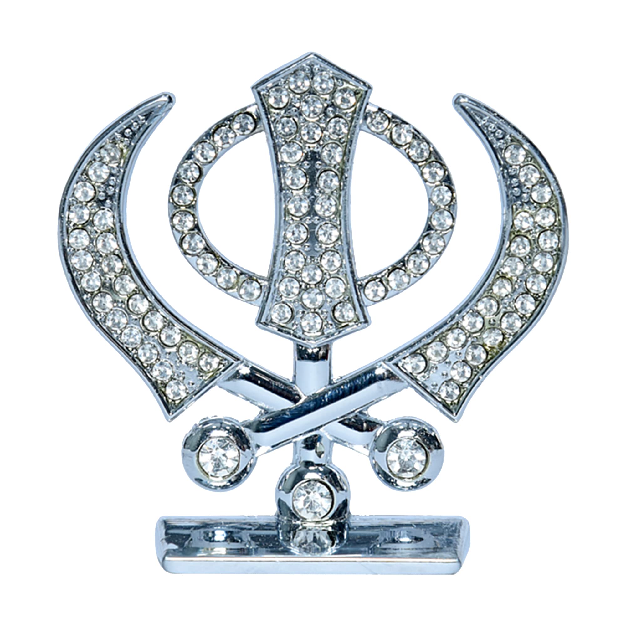 Silver Diamonds Khanda Sahib Ji for Decor, Home Temples, Car Dashboard, 2.5 Inches