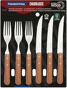 JOGO DE TALHERES PARA CHURRASCO DYNAMIC SORTIDOS COM LAMINAS DE ACO INOX E CABOS DE MADEIRA - 12 PEÇAS