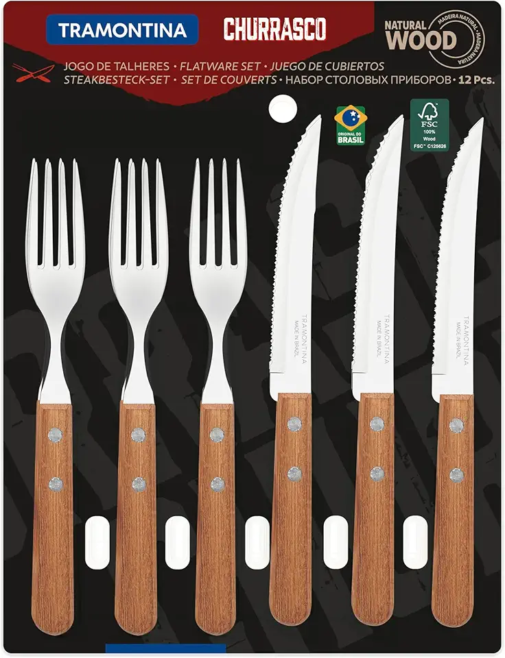 JOGO DE TALHERES PARA CHURRASCO DYNAMIC SORTIDOS COM LAMINAS DE ACO INOX E CABOS DE MADEIRA - 12 PEÇAS
