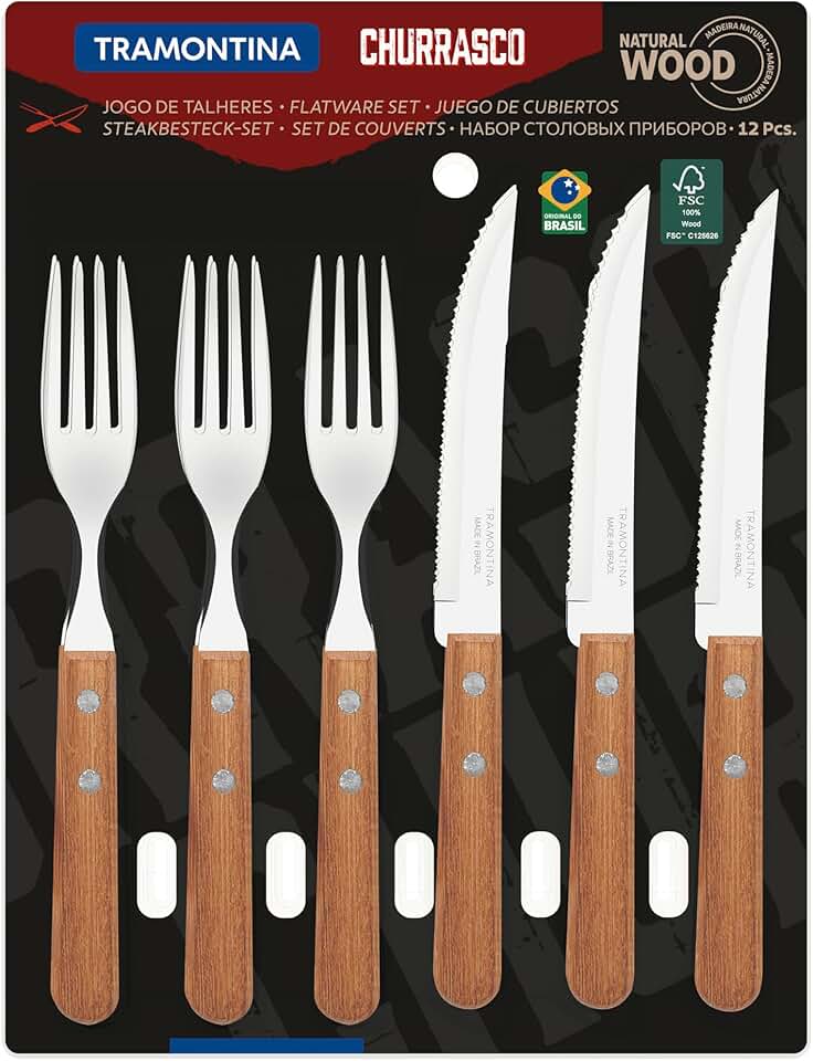 JOGO DE TALHERES PARA CHURRASCO DYNAMIC SORTIDOS COM LAMINAS DE ACO INOX E CABOS DE MADEIRA - 12 PEÇAS