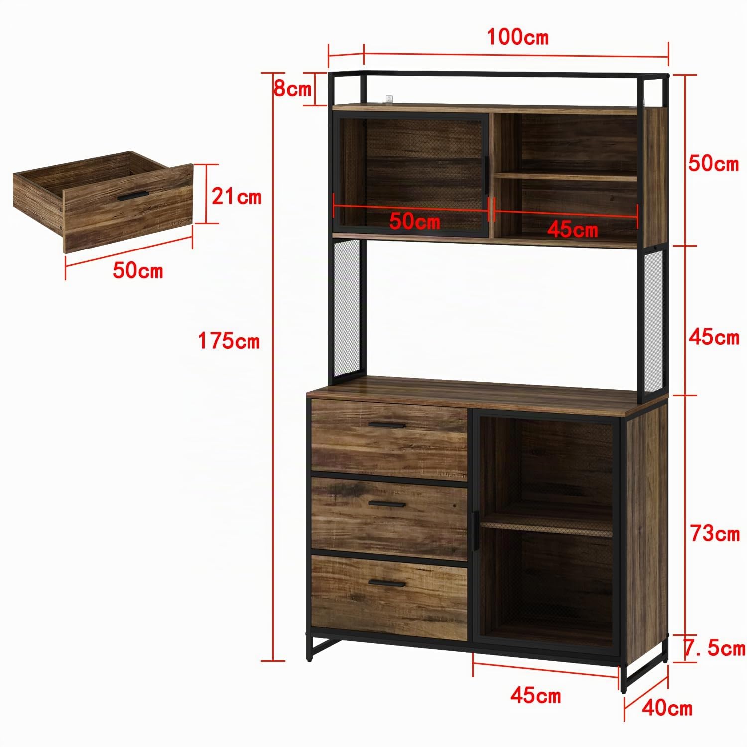 Armadietto da cucina alto a buffet, con 3 cassetti e 2 ante, stile industriale, ripiano aperto, forno a microonde, 100 x 40 x 175 cm, legno + ferro