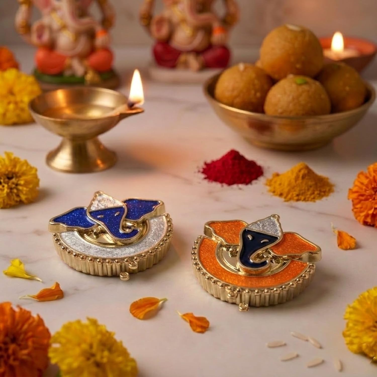 LOVENSPIRE Decorative Ganesha Acrylic Haldi Kumkum Holder for Pooja Thali – Wedding & Housewarming Favors, Festival Items & Indian Return Gifts Design 2/5 Pack image 4
