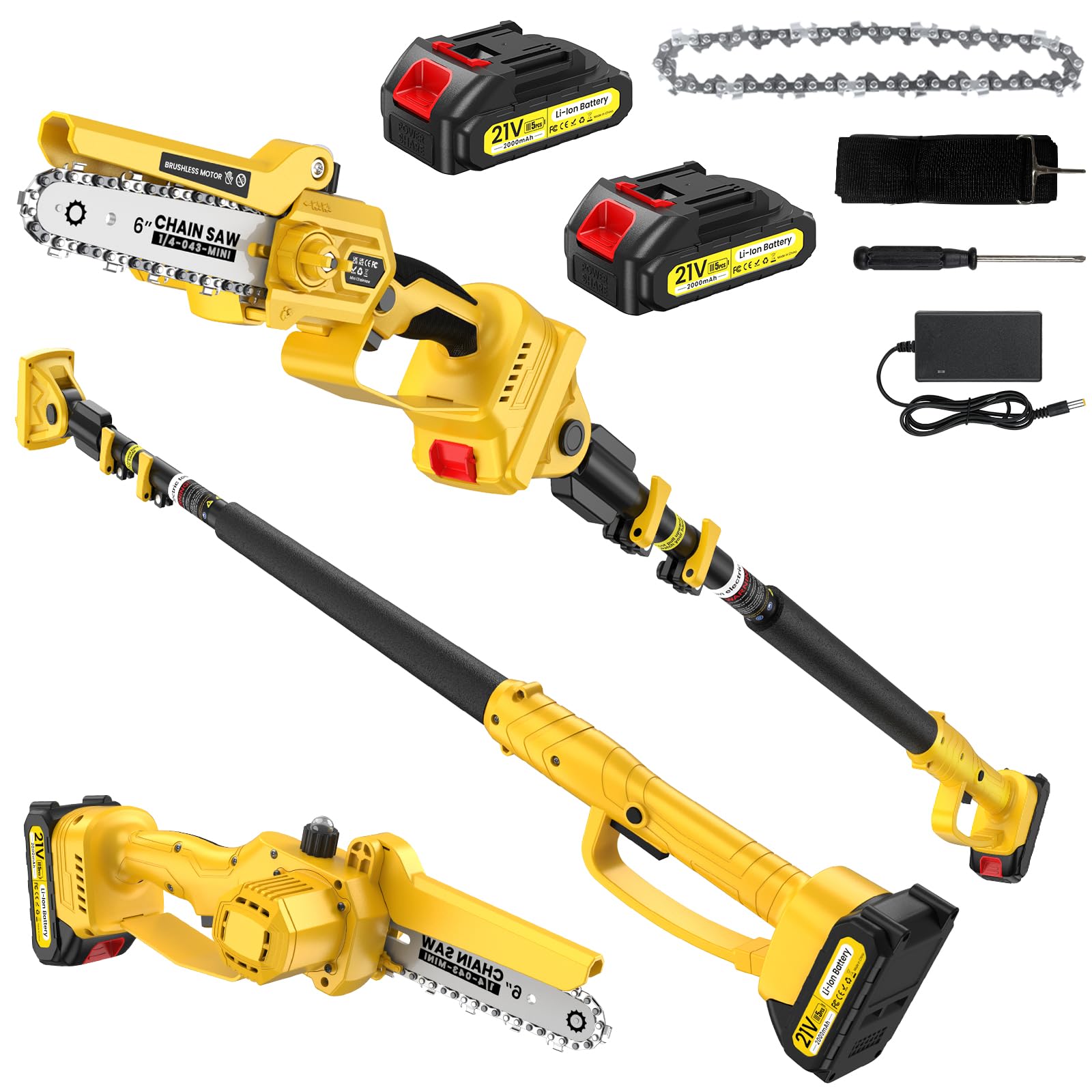 Tronçonneuse à batterie 2 en 1 avec perche télescopique 4,2 M et mini tronçonneuse 6"兼容