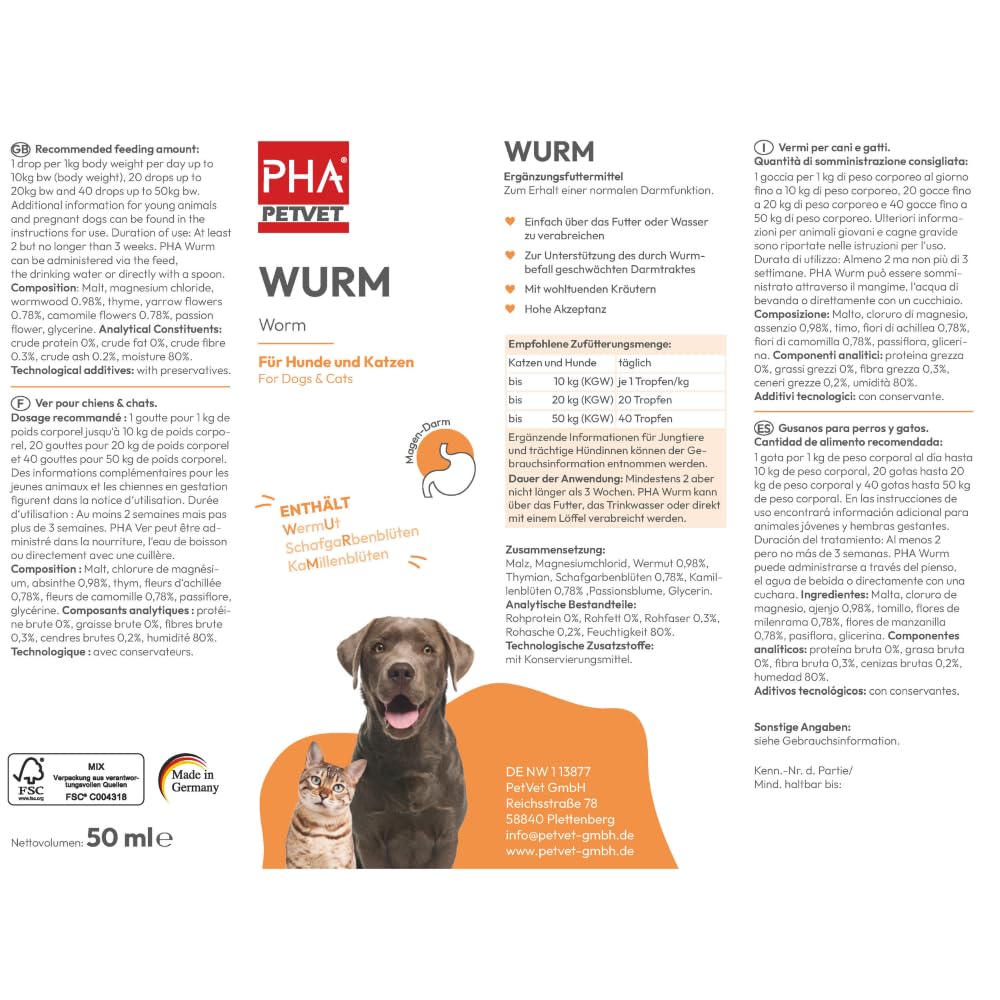 PHA Wurm Tropfen für Hund & Katze - mit Kräutern, Wermut, Schafgabe & Thymian zur natürlichen Darm Unterstützung & Einer normalen Verdauung, 50 ml