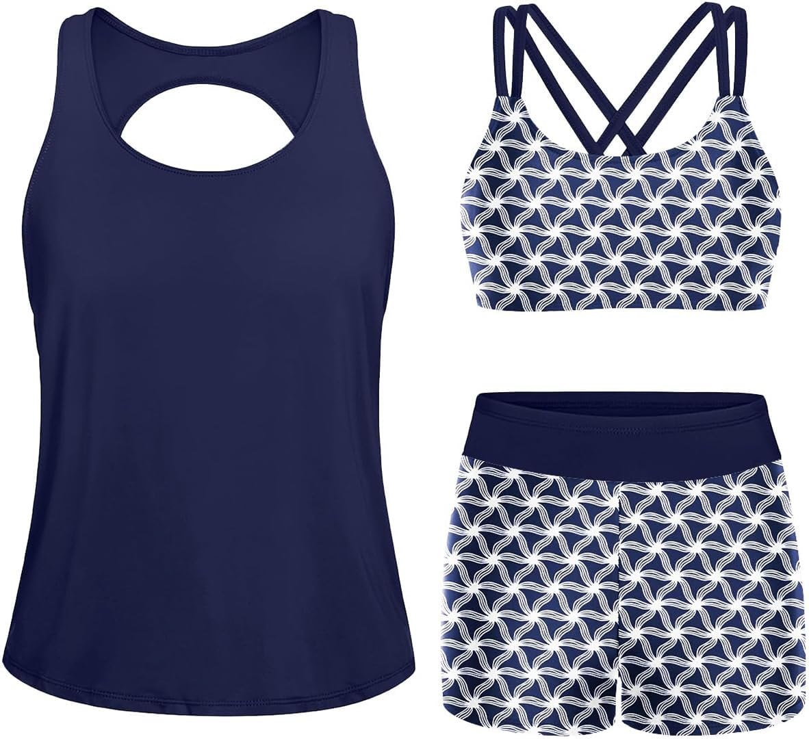 Yonique 3 Piece Tankini Swimsuits for Women Bathing Suits with Boy Shorts and Swim Tank Top Bra Modest Swimwear