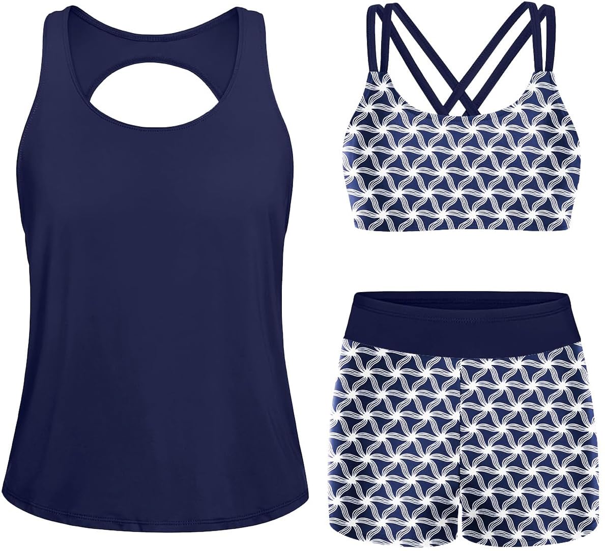 Yonique 3 Pieces Athletic Tankini Swimsuit for Women Sports Swimwear Set with Boyshort