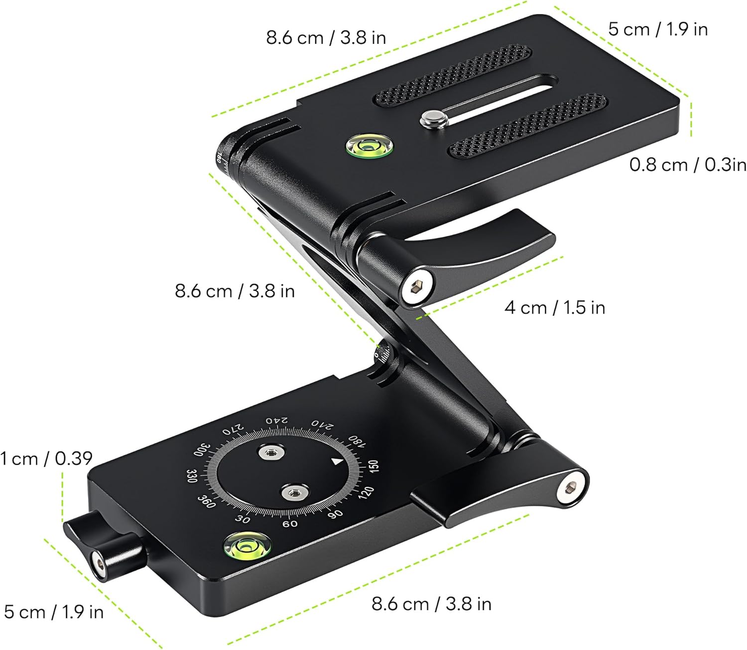 BJLIFE Z Flex Tilt Camera Tripod Head, Multi-Angle Flexible Pan & Tilt Head, 360° Rotation Folding Z Bracket with Bubble Level, for Connecting to Monopod Slider Rail Stabilizer Gimbal