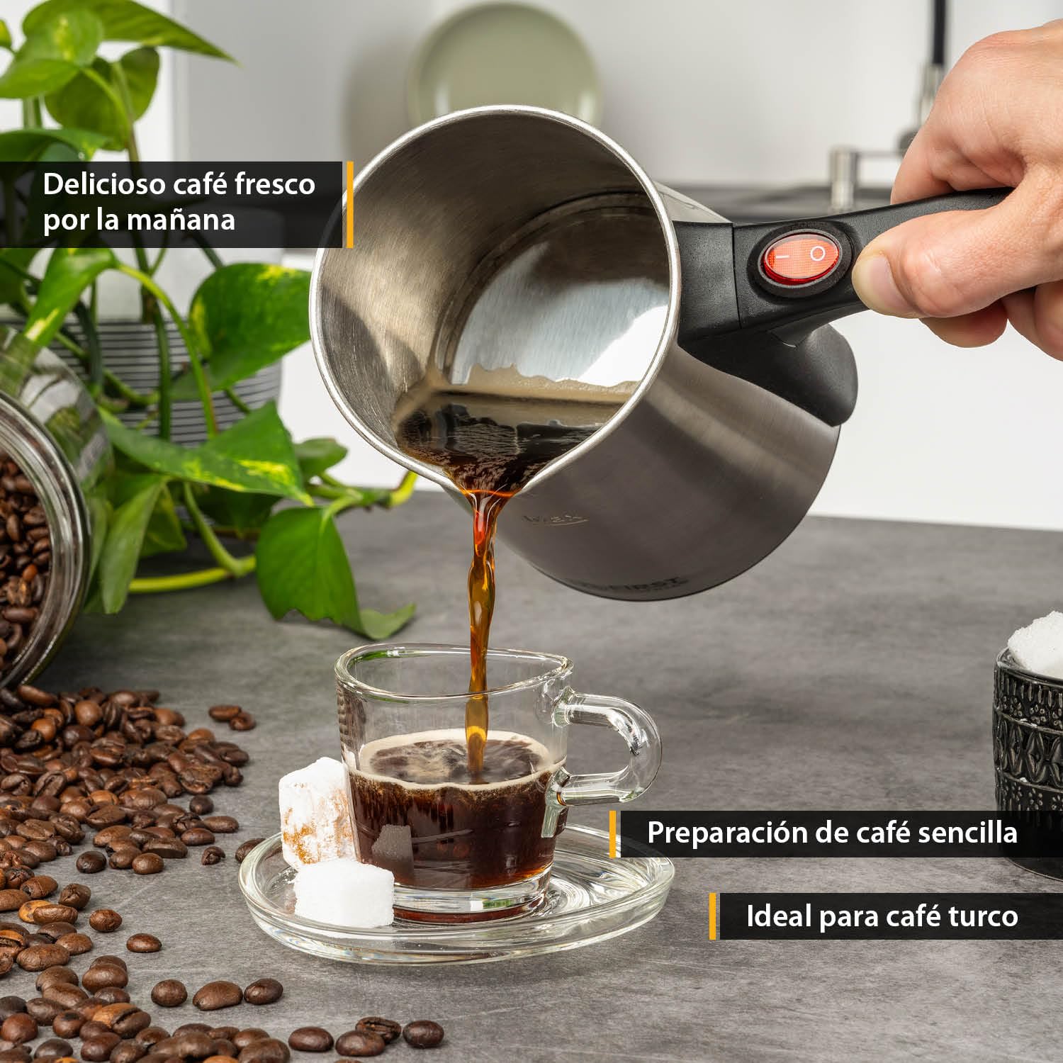 TZS First Austria Cafetera eléctrica turca de 0,35 litros y 800 W | Moka, espresso y hervidor | Fabricada en acero inoxidable con mango antideslizante | Apta para el hogar, la oficina y viajes