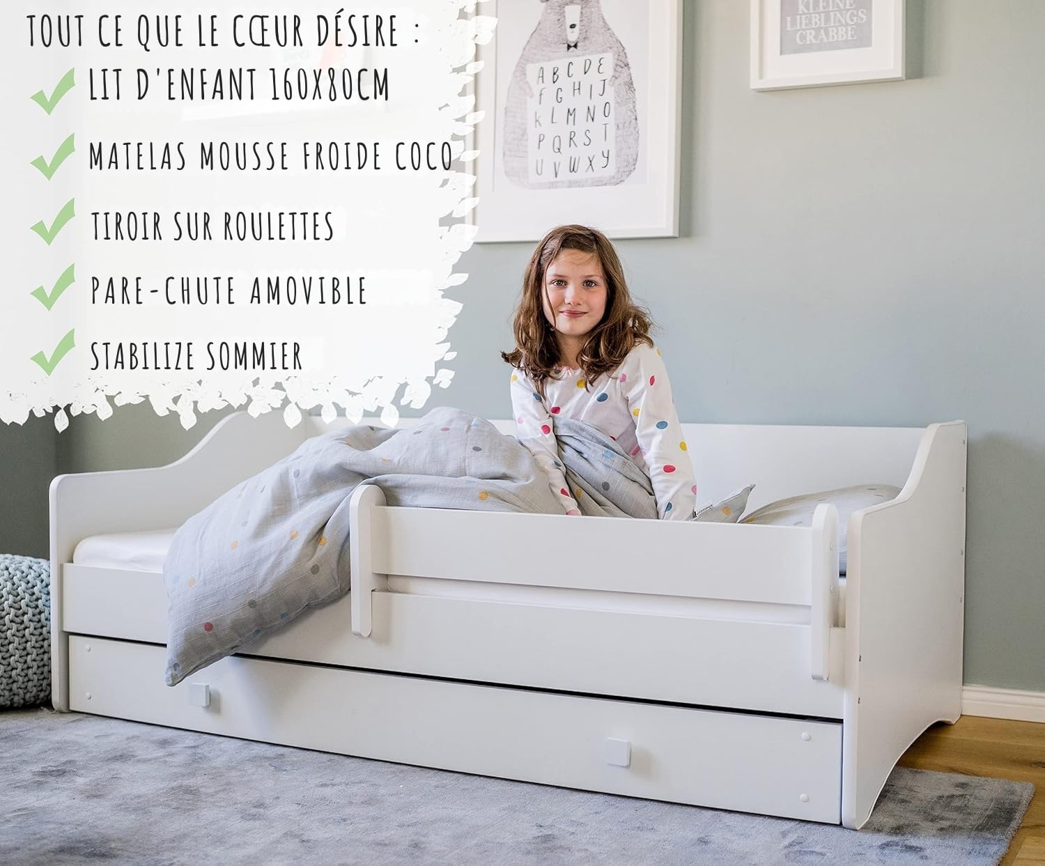 Kids Collective Lit d'enfant lit d'adolescent 80x160 cm avec Matelas Protection antichute & tiroir | Canapé Enfant lit Transformable Blanc 160x80 cm