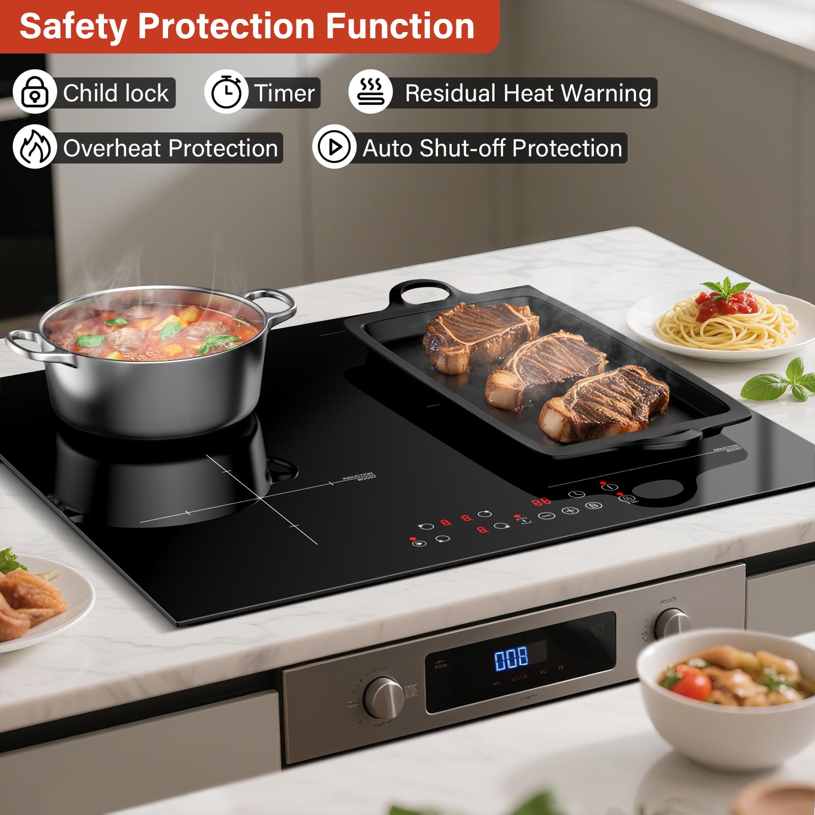Induktionskochfeld 4 Zonen mit 1 flexzonen, Einbau Induktionskochfeld 60 cm, Induktion Herdplatte Kochfeld, mit Boost-Funktion, Touch Control, 6000W, 9 Leistungsstufen, 1-99 Min Timer - 5
