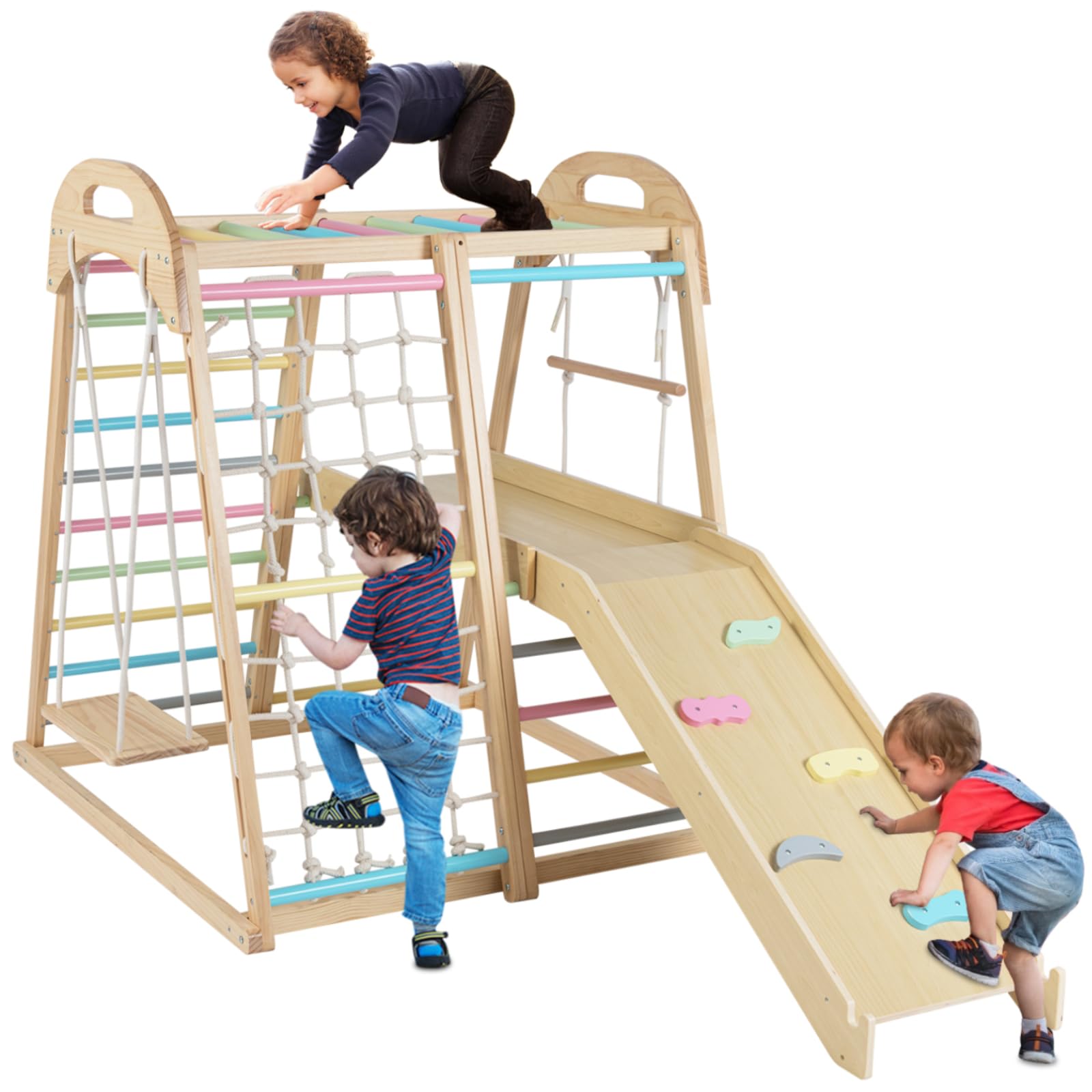 Maxmass 8 in 1 Kids Climbing Frame Set, Indoor Outdoor Children Jungle Gym with Double-sided Ramp, Swing, Rope Ladder, Climbing Ladder, Wooden Toddler Climber Playground for 3-5 Years Old (Colorful)