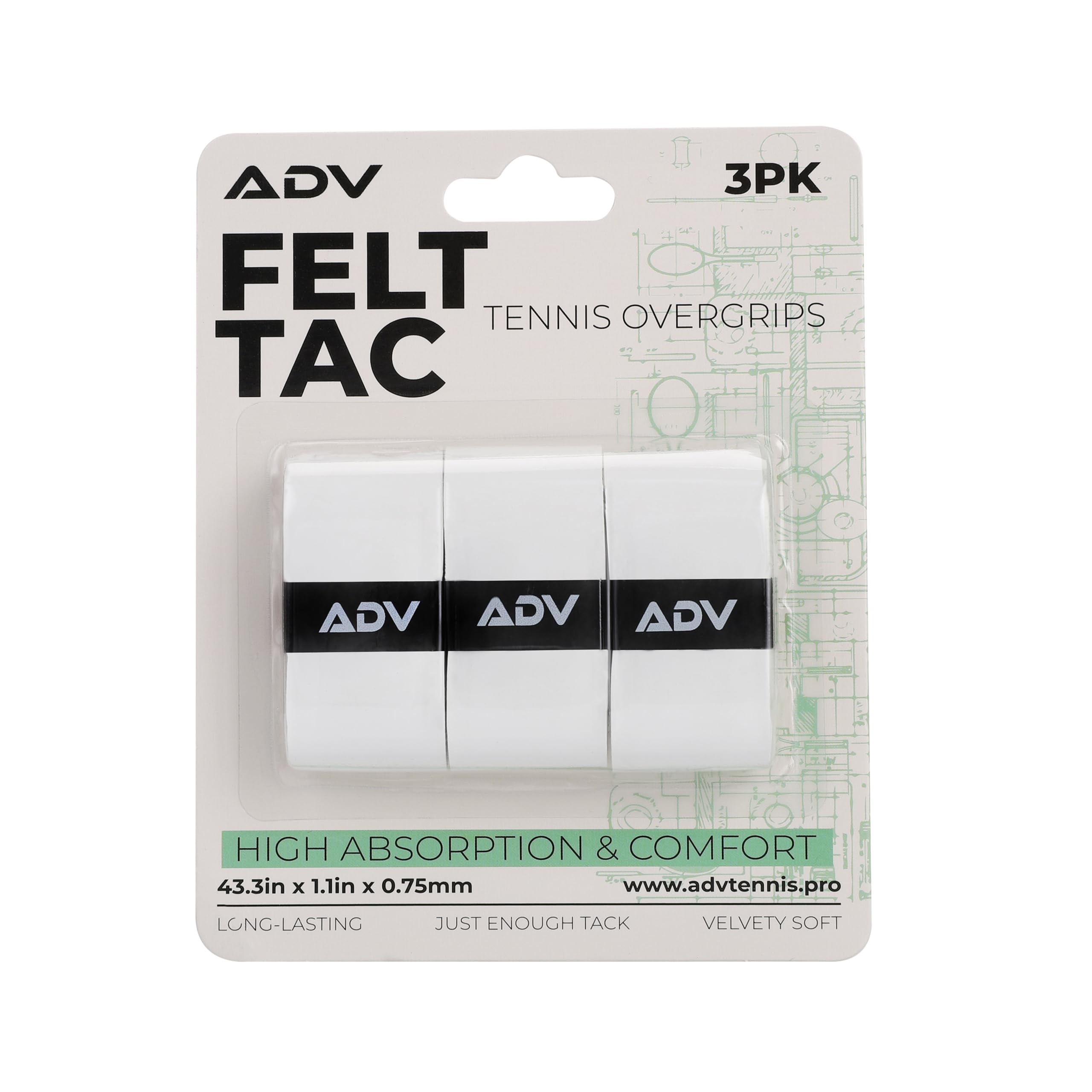 ADV FeltTac Tennis Overgrip, Absorbent Dry Grip Tape (White, 3-Pack)