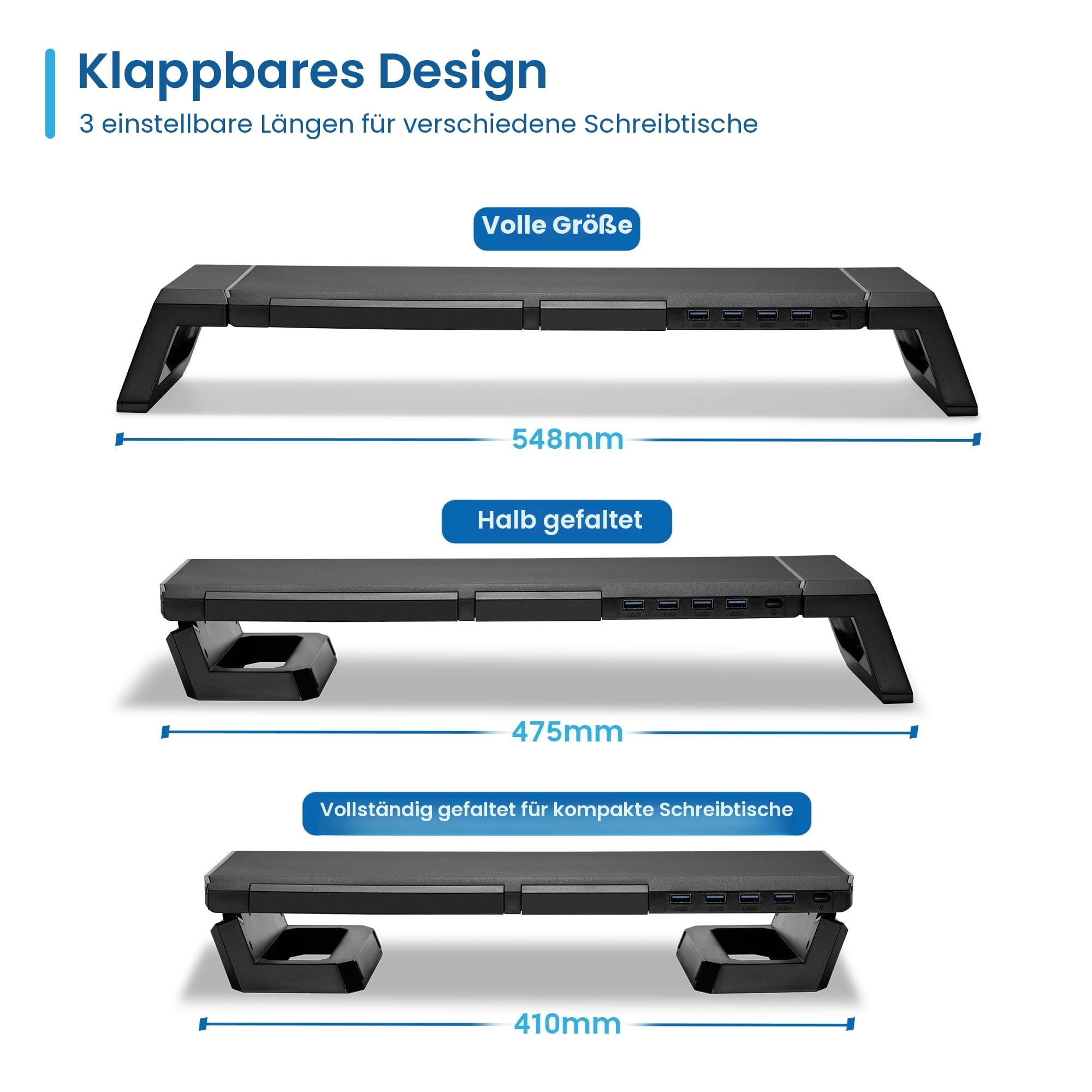 Ewent Monitorständer, RGB Monitor Riser, Klappbar, Smartphone- und Tablet-Halterung mit Ablagefach und 4 USB Anschlüsse, Ergonomischem Druckerständer für Laptop, Computer, Notebook, iMac, PC, Schwarz