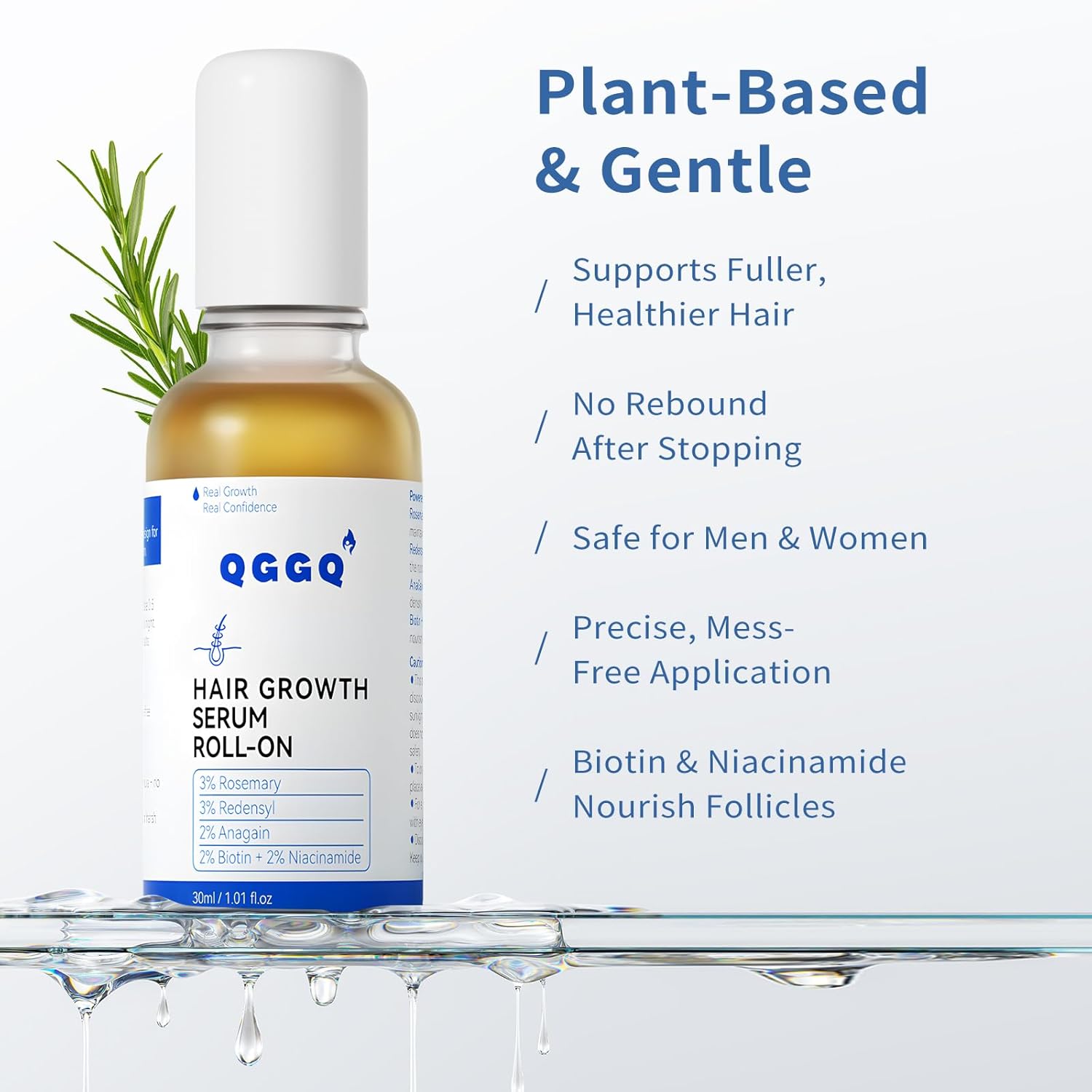 Hair Growth Serum Roll-On 30ml | Patented Blend with 3% Rosemary, 3% Redensyl, 2% AnaGain, Biotin & Niacinamide | No-Rinse, Fast-Absorbing | For Thinning Hair & All Hair Types (1.01 Fl Oz (Pack of 1)) - Image 3