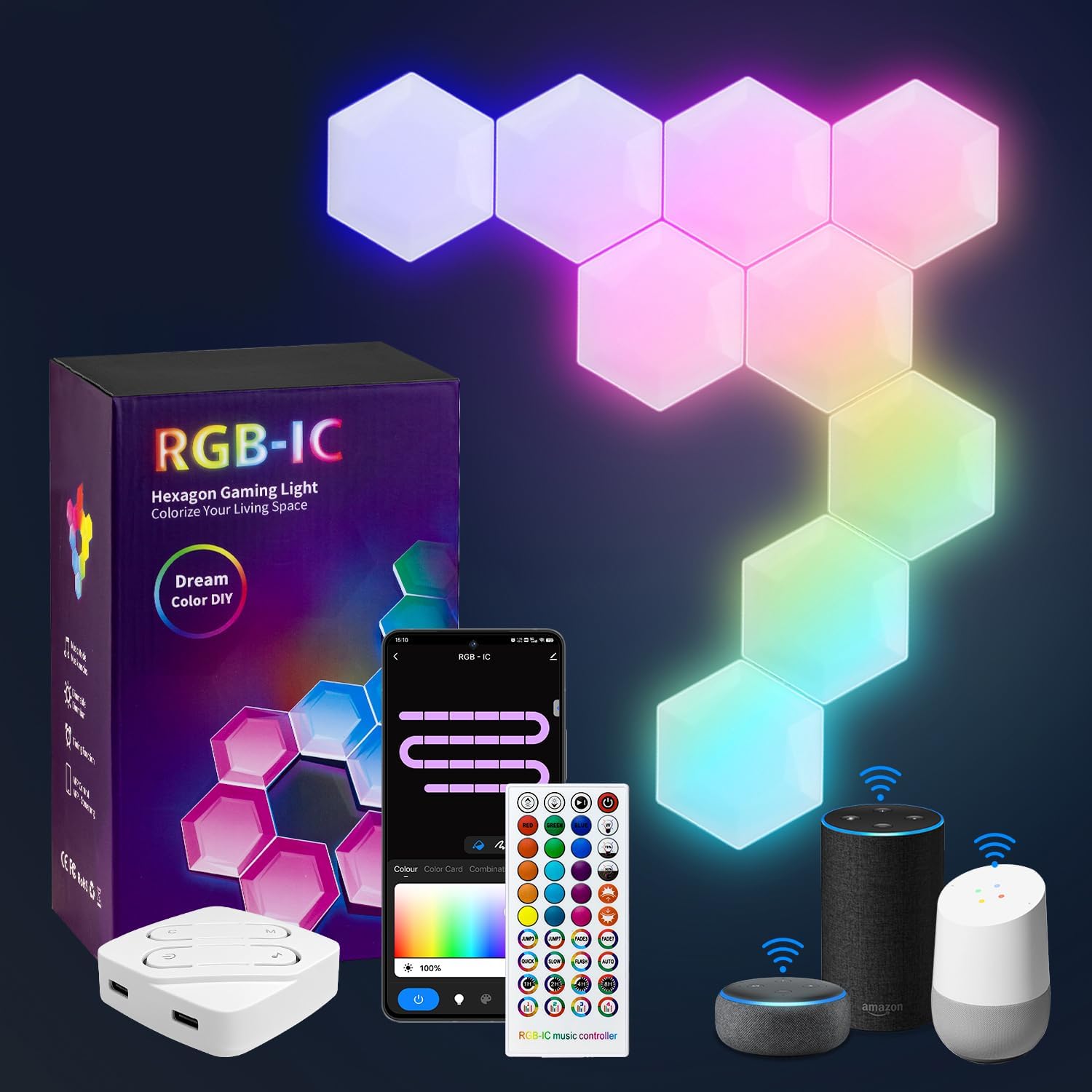 Azonee 10 Pack Hexagon LED Lights, Smart RGB Lights App & Remote Control, LED Light Panels Gaming Lights for Wall Music Sync, DIY Geometry Splicing Module, Compatiable with Alexa and Google Assistant