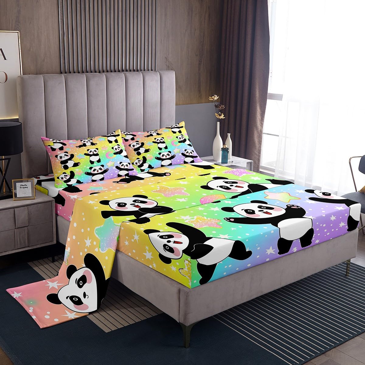 Erosebridal Panda Comforter Set - Twin Size Kids Bedding With Rainbow Galaxy, Stars, Kawaii Cartoon Decor