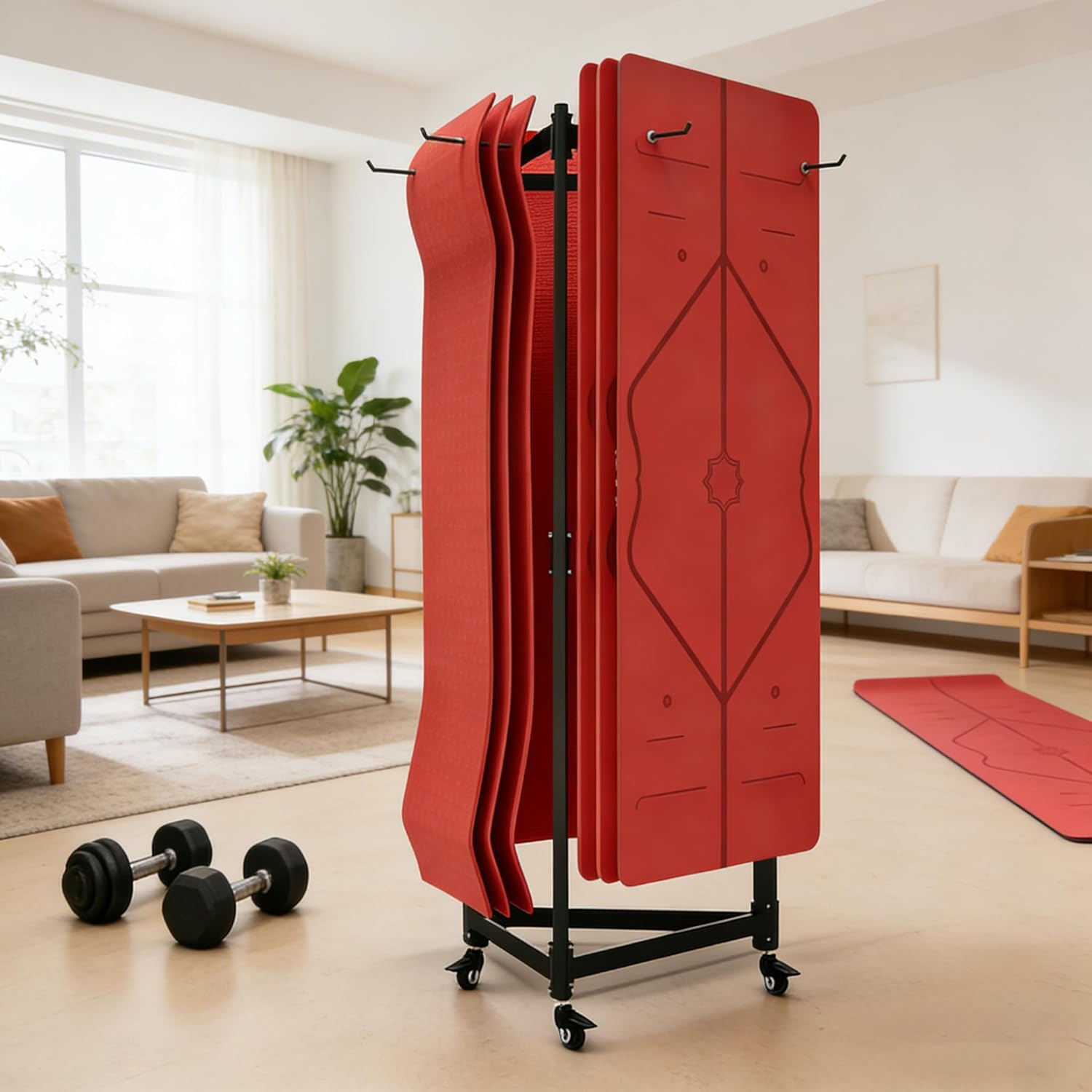 YTLEMON Yoga Mat Holder Hanging, Floor Rolling Yoga Mat cart, Large Capacity Storage Rack, with Includes Hole Punch, Metal Square Tube Storage Shelf for Home Gym,Fitness Club,Yoga Studio (Black B)