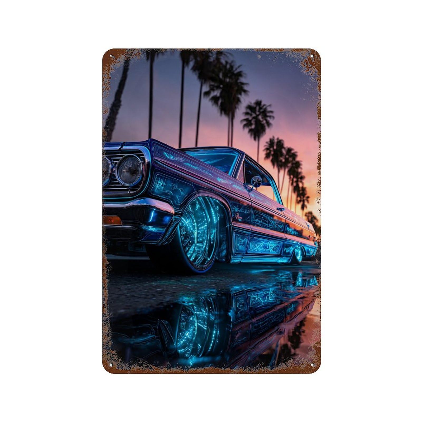 Neon Sunset Lowrider Reflections Rusty Metal Tin Sign 11.8"x7.9", Old School Wall Decor for Garage, Pub Or Kitchen