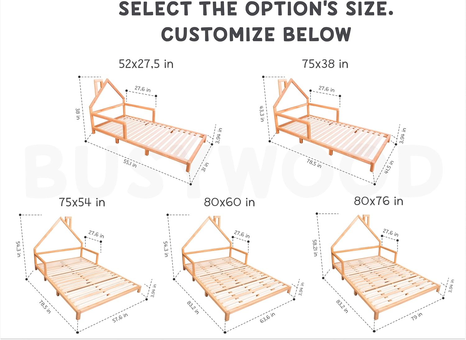 BUSY WOOD Montessori Bed for Toddlers, Kids Beds, Toddler Beds, Twin Bedframe for Kids, Full Size Bed for Toddler, Queen Bed, King Toddler Bed Frame (Model 3, Legs&Slats)