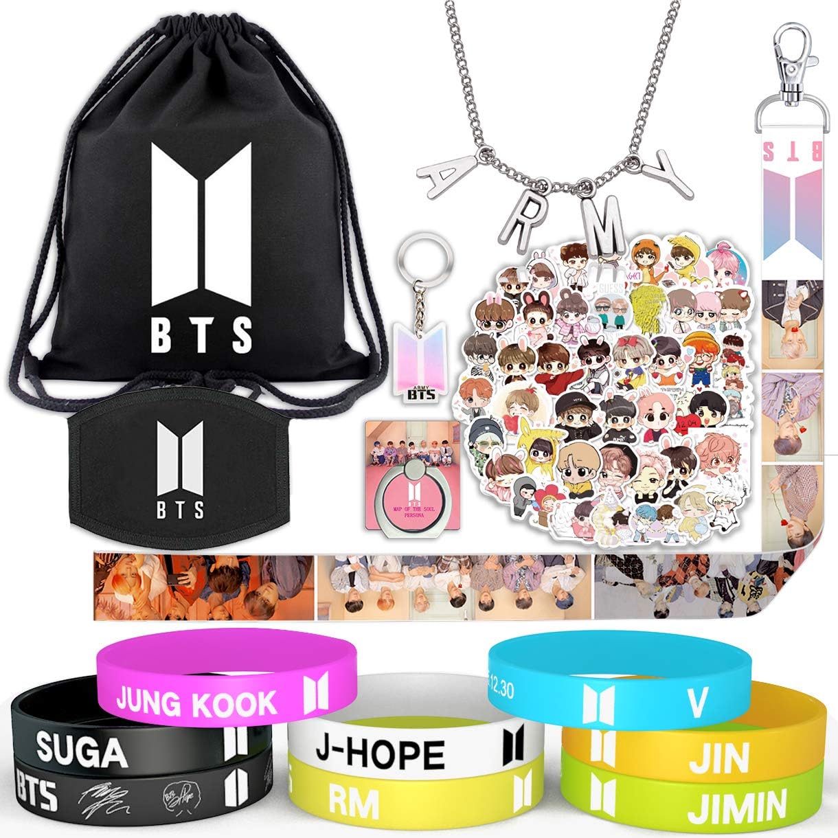 Map of the Soul Personal BTS Fans Gift Set- 1 Drawstring Bag/8 Bracelets /40 Stickers/1 Necklace/1 Lanyard/1 Phone Ring Holder/1 Keychain