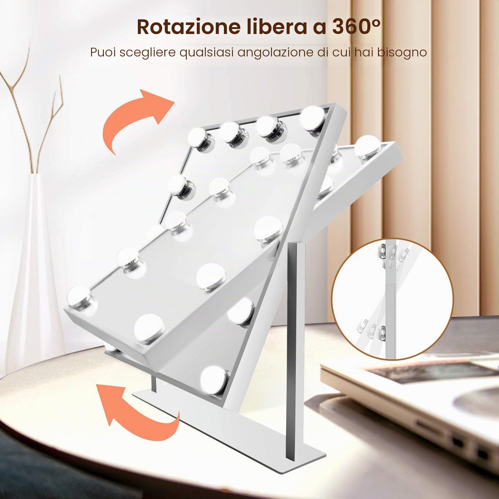 TUREWELL Hollywood - Specchio da trucco con luci, grande specchio illuminato con luce a 3 colori e 12 lampadine a LED dimmerabili, schermo touch intelligente e rotazione di 360 gradi