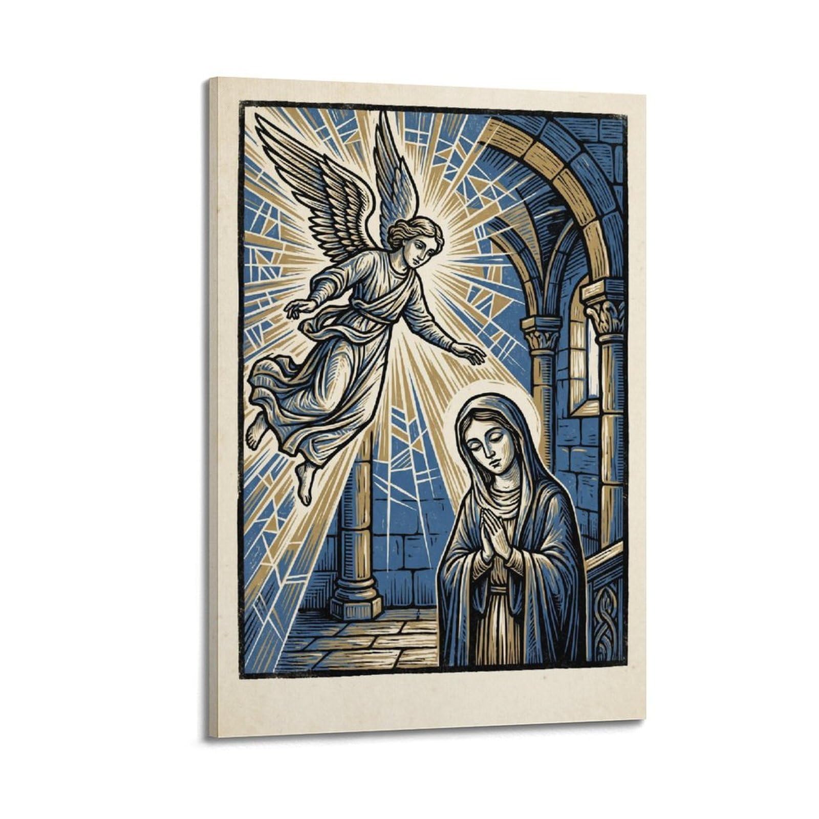 OKNGB Archangel Gabriel Poster Annunciation Mary Blue Gold Holy Decorative Painting Canvas Art Picture 24x36inch(60x90cm)