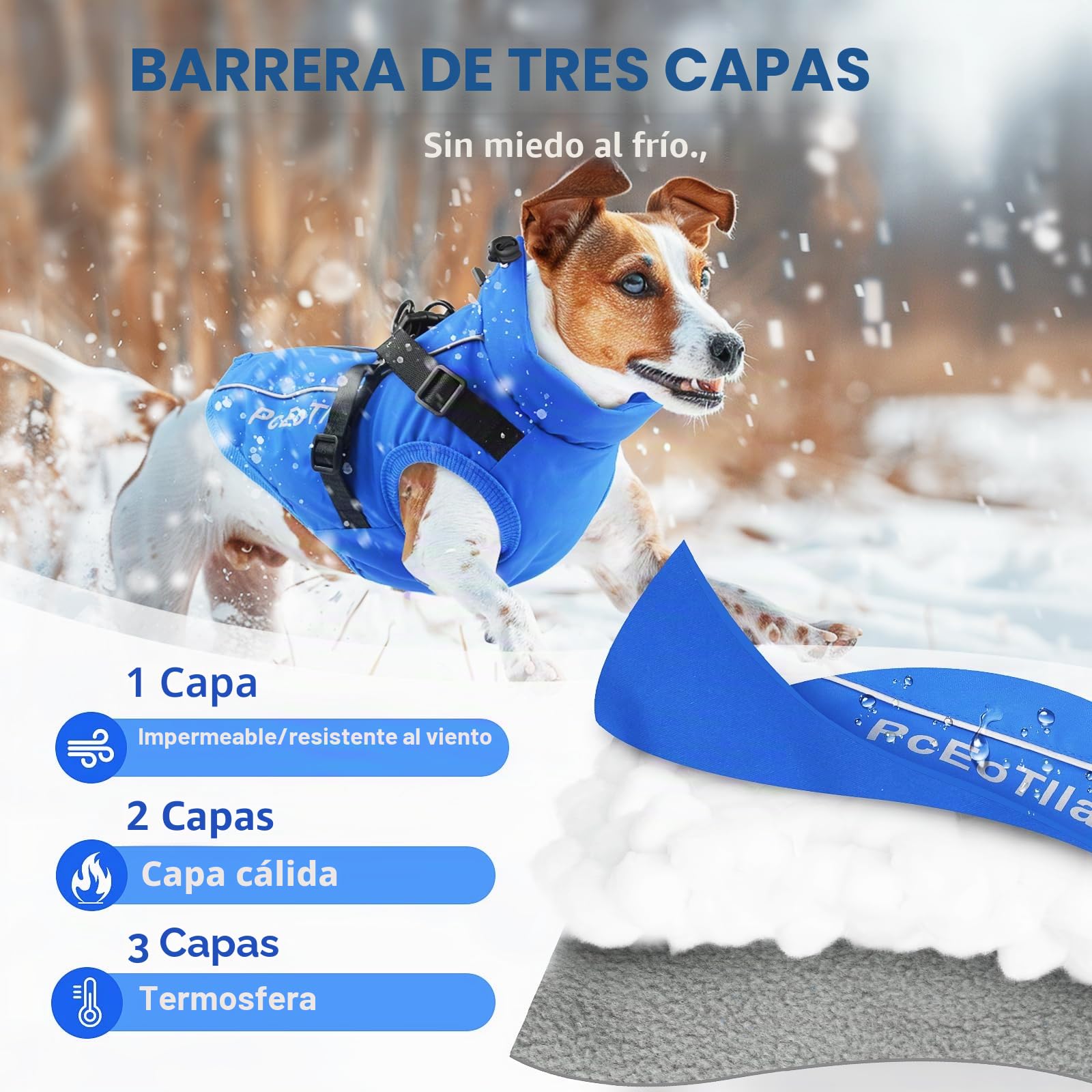 PcEoTllar Abrigo Impermeable para Perros pequeños, Chaqueta Reflectante cálida con arnés para Invierno, Disfraz de esquí, suéter de algodón para Perro, Azul, S