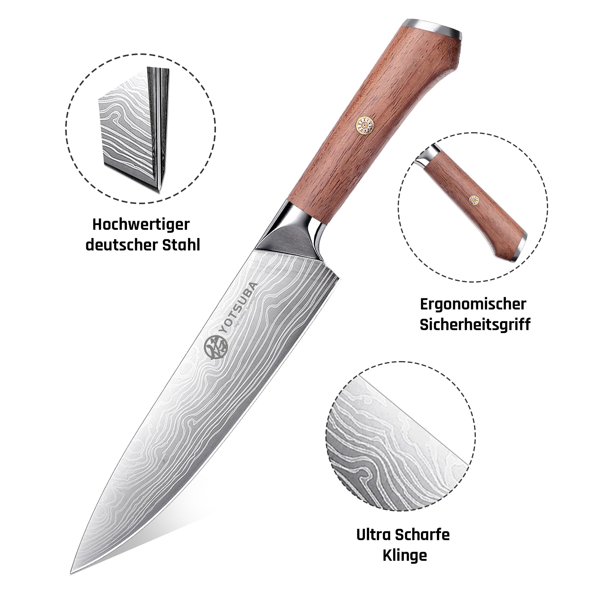 YOTSUBA Messerset 3-teilig, Japanisches Küchenmesser set Hochwertigem Carbon Edelstahl, Ultra Scharfes Messer Set mit Chefmesser Santokumesser Allzweckmesser