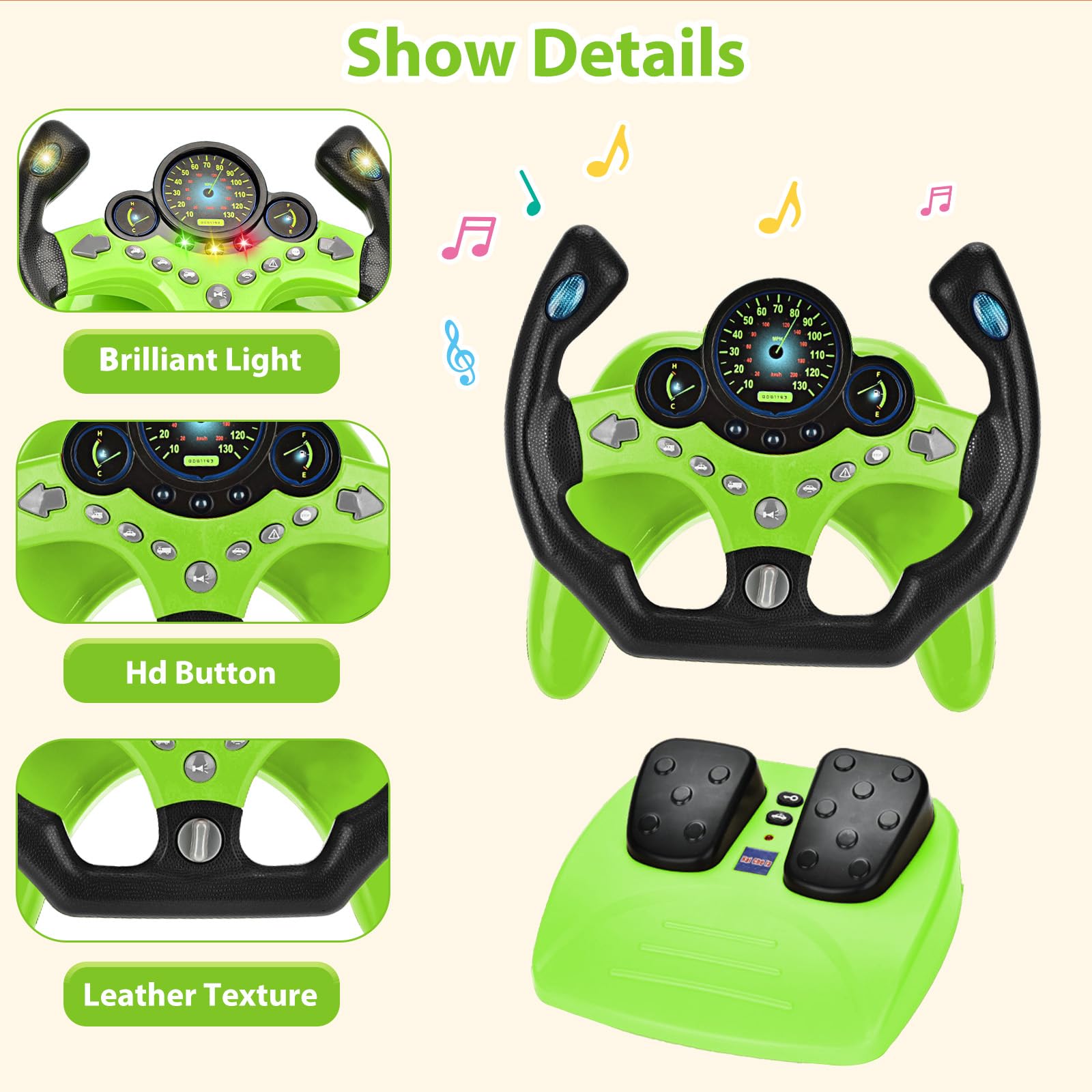 RedCrab Volante Giocattolo per Auto con Pedale del Freno e Dell'acceleratore, 360° Simulatore di Guida Bambini con Funzioni Luminose e Sonore, Regalo Educativo Precoce per Bambini