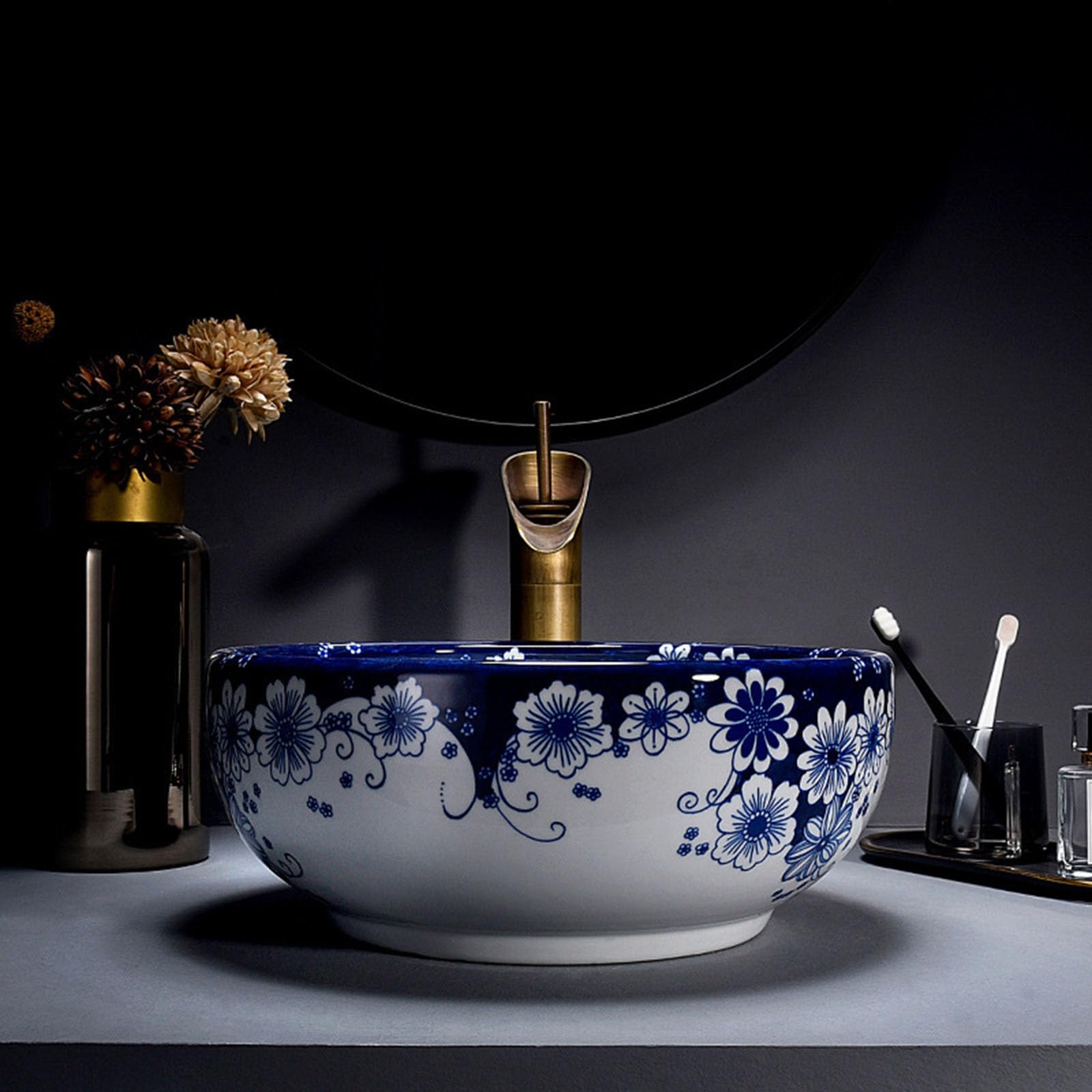 35 Cm Okrągła Umywalka Ceramiczna Nablatowa Z Białym I Niebieskim Wzorem - Nowoczesna Umywalka Nablatowa Do Łazienki, Mała Porcelanowa Umywalka Nablatowa Z Baterią