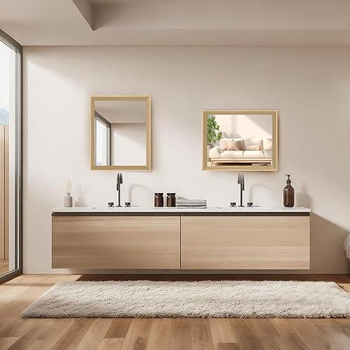 Miniatura 6 de Espejo de pared enmarcado con efecto de madera de roble, espejo rectangular de 16 x 20 pulgadas, vidrio templado antidesilvering de 18 pulgadas,