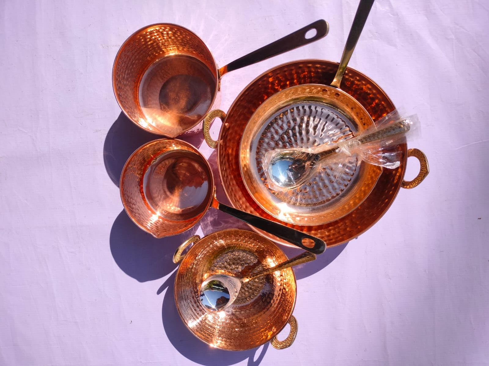 Pure Copper - Juego de utensilios de cocina de 10 piezas con cuchara para servir (juego de sartenes de cobre | Juego Kadhai | Sartén) con mango de latón para cocinar