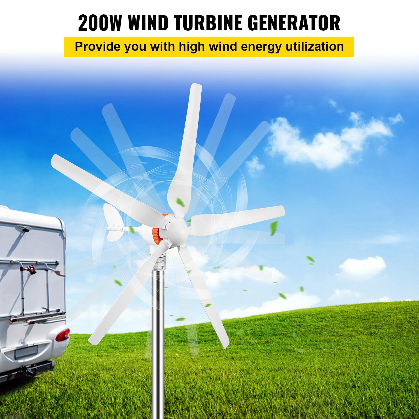 VEVOR Kit di Generatore Eolico Generatore 12V/24V(Auto) Con Controllo di Ricarica MPPT a Trifase 200W a 5 Pale, Uso nella Ricarica per il Monitoraggio Domestico, Camper, Barche e Altro Uso Domestico