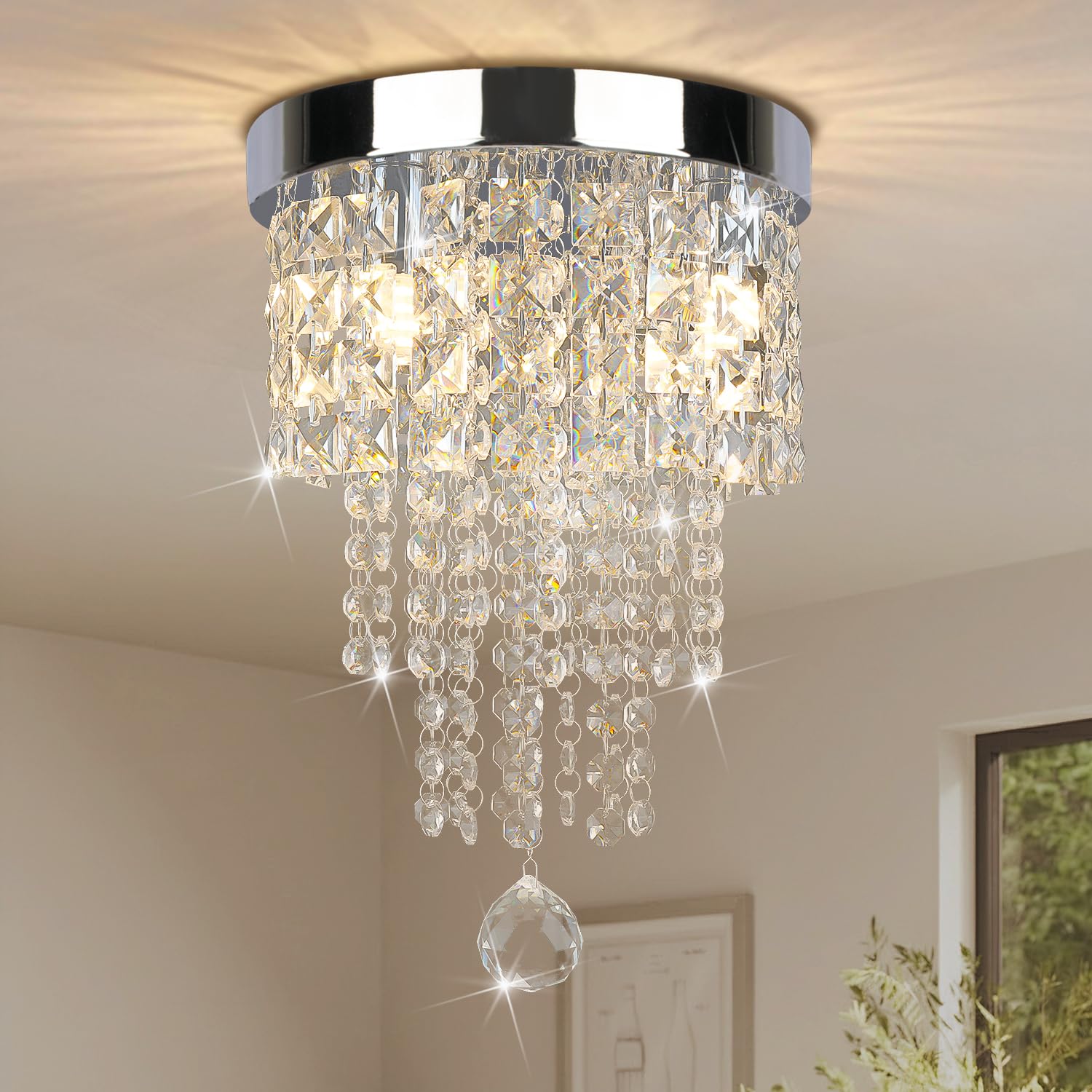 TISLYCO Modern 3 Light Crystal Chandelier,Silver Raindrop Crystal Ceiling Light,Small Flush Mount Ceiling Light Fixture for Hallway, Bedroom, Bathroom, Closet