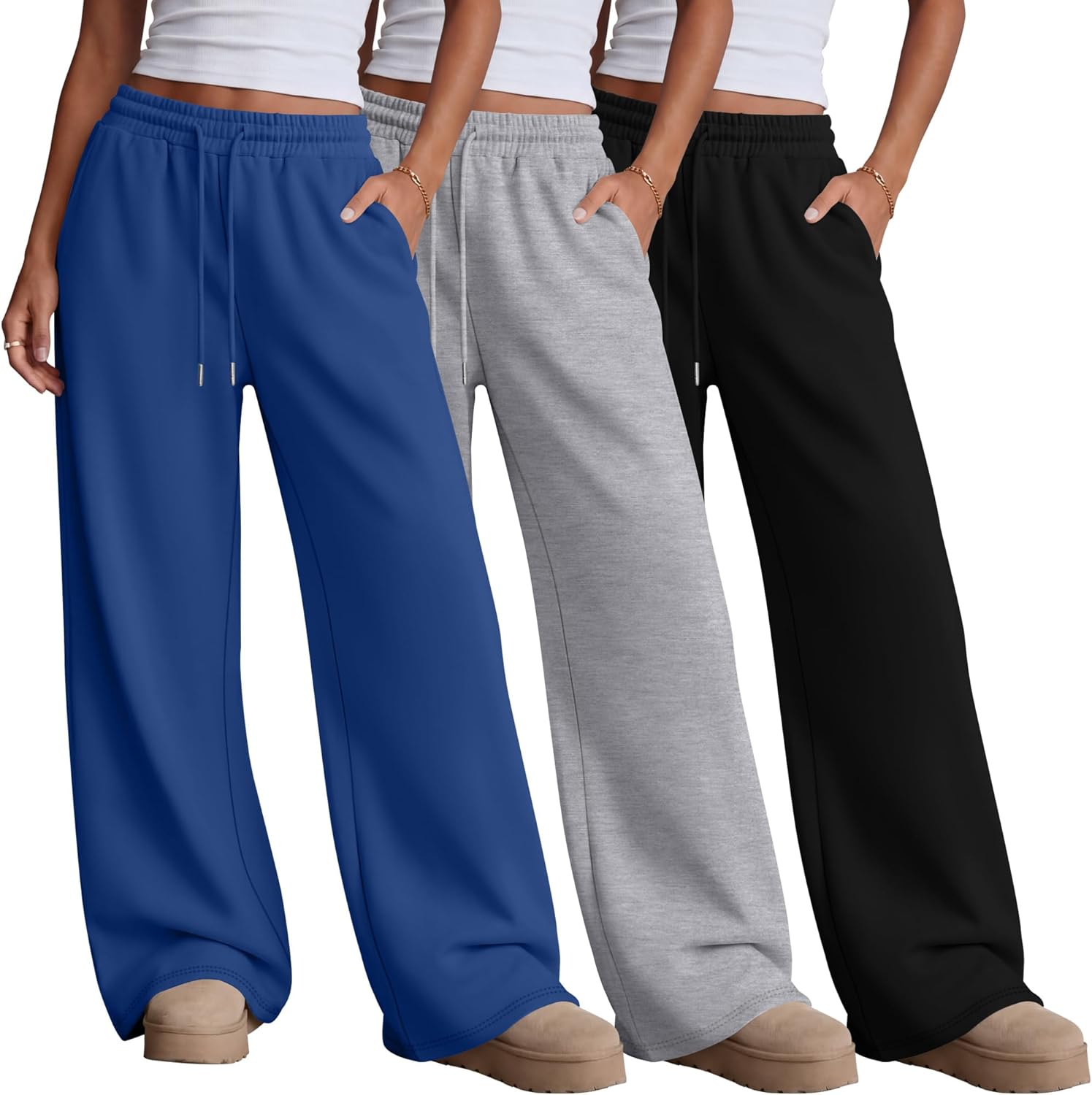 Neer 3 Pack Women's Sweatpants with Pockets, High Waisted Casual Yoga Pants Cozy Lounge Drawstring Loose Wide Leg Jogger