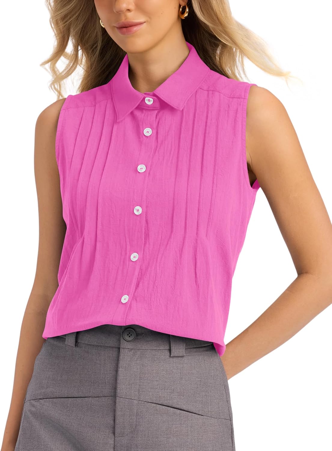 LOMON Women’s Summer Sleeveless Button Down Shirt Office Collared Blouses with Pleated Front Casual Basic Tank Tops - Image 4