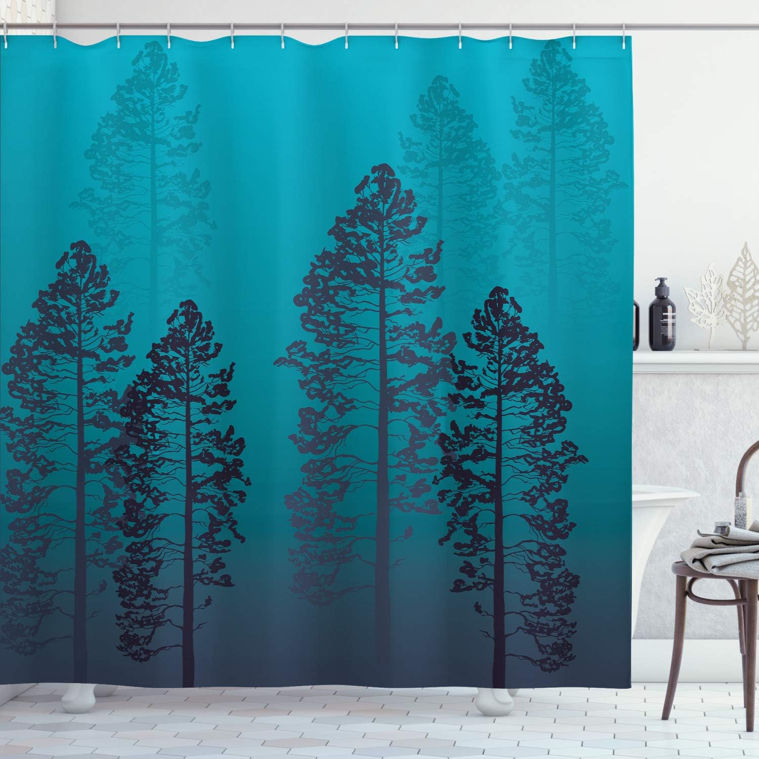 Ambesonne Country Shower Curtain, Pine Trees in The Forest on Foggy Seem Ombre Backdrop Wildlife Adventure Artwork, Cloth Fabric Bathroom Decor Set with Hooks, 69" W x 75" L, Plate Slate Blue
