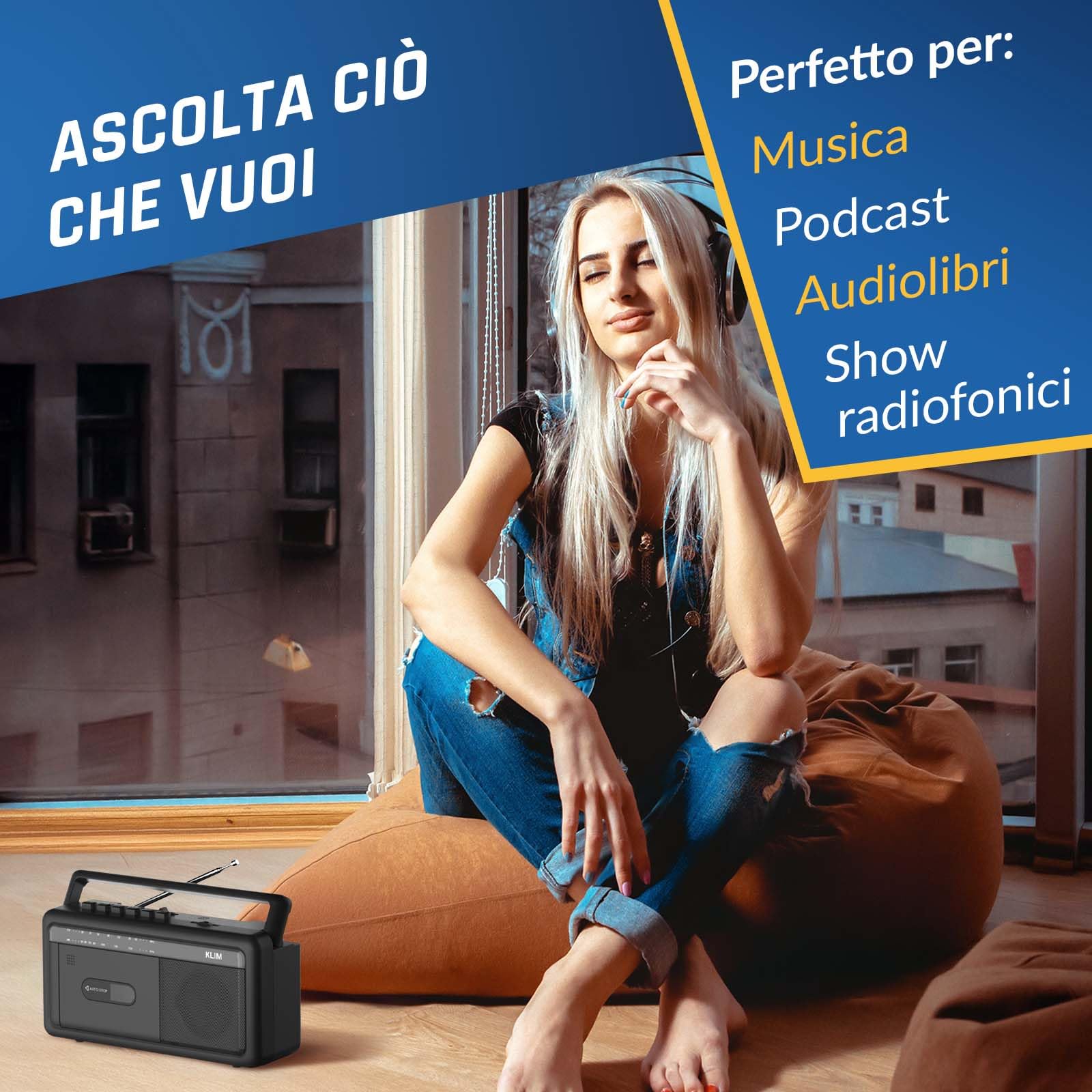 KLIM Lettore Cassette Audio Boombox Radio AM/FM Bluetooth Registratore a Cassette USB Altoparlante Portatile Retrò Nero
