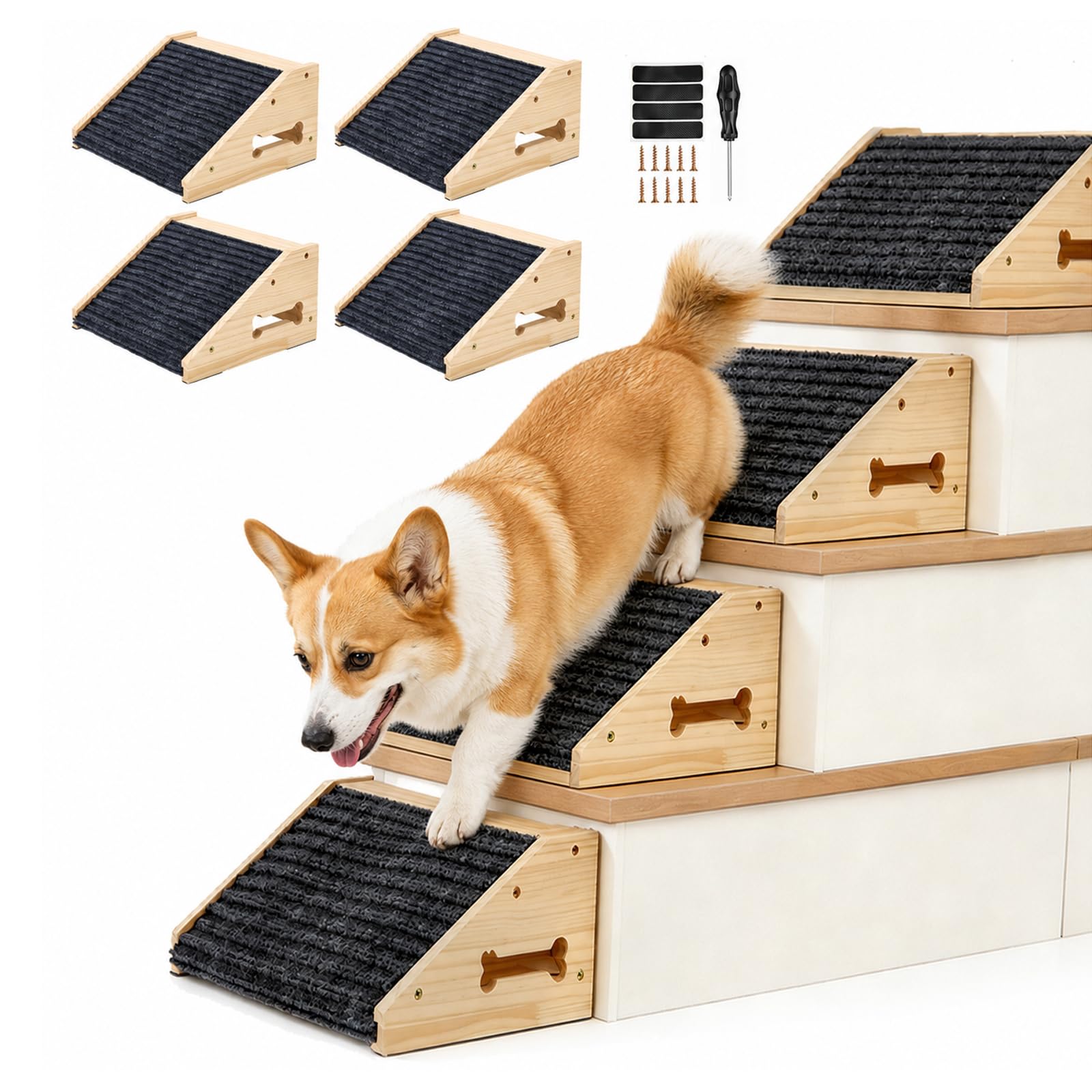 4 scale per cani di piccola taglia, in legno | Scaletta antiscivolo per cani con tappeto, rampa per cani di piccola taglia, angolo basso, per letto e divano