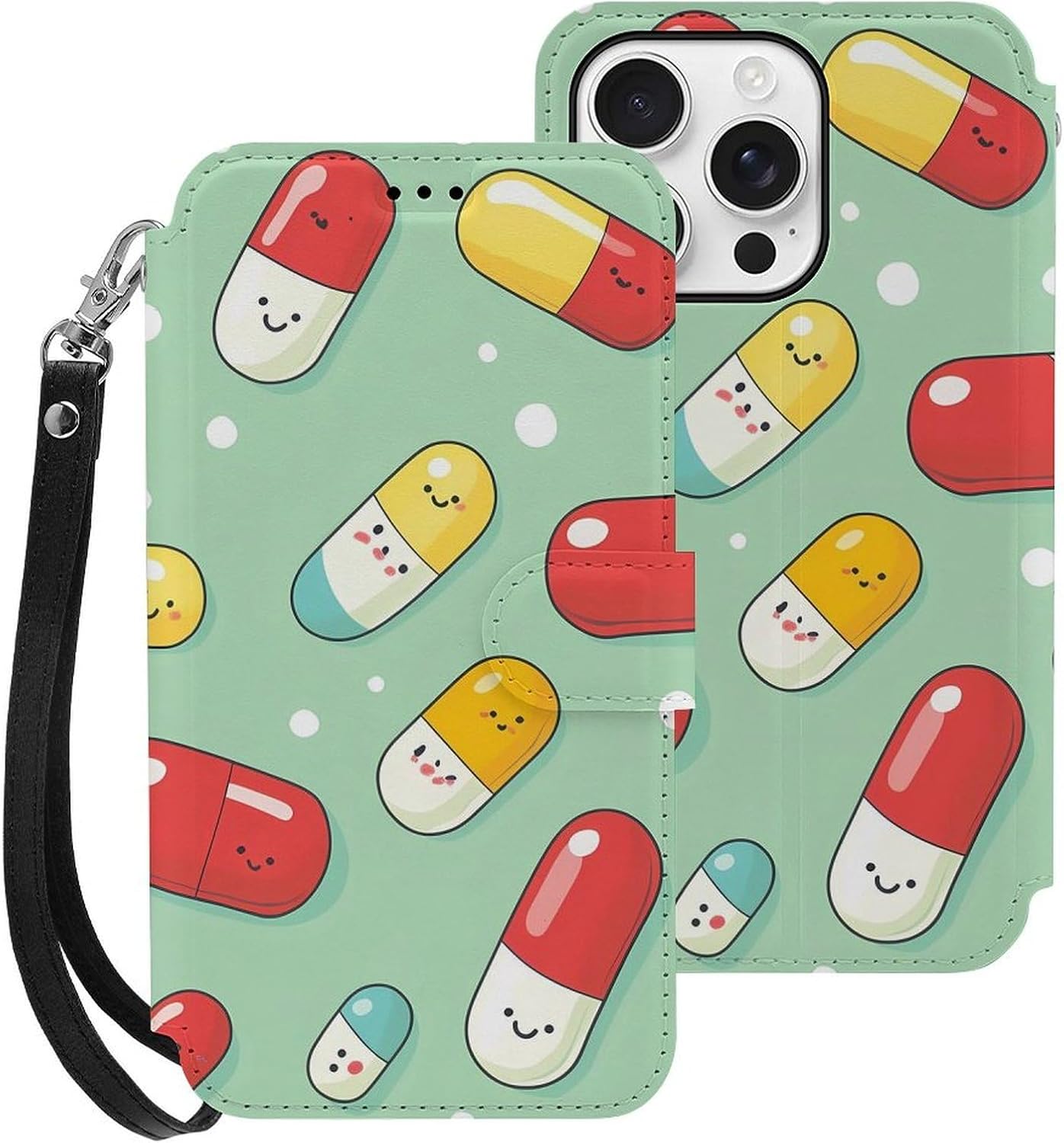 Pill Capsules Pattern Compatible with iPhone 16/16 Plus/16 Pro/16 Pro Max/16 E Case Phone Wallet Card Holder Flip Cover with Wrist Strap